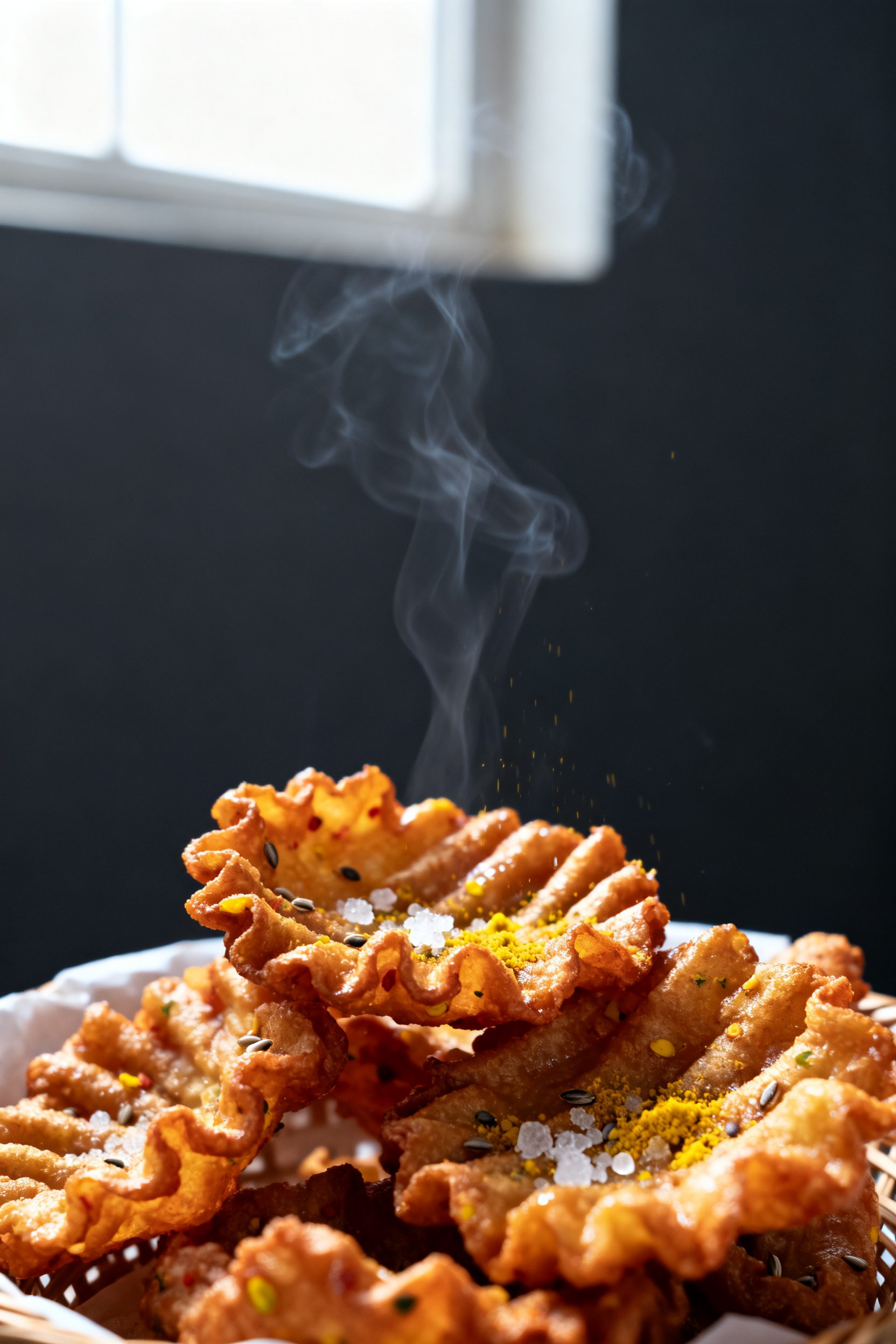 Close-up detail: Air-fried onion bajji just out of the basket, crisp ruffled edges and deep golden-b