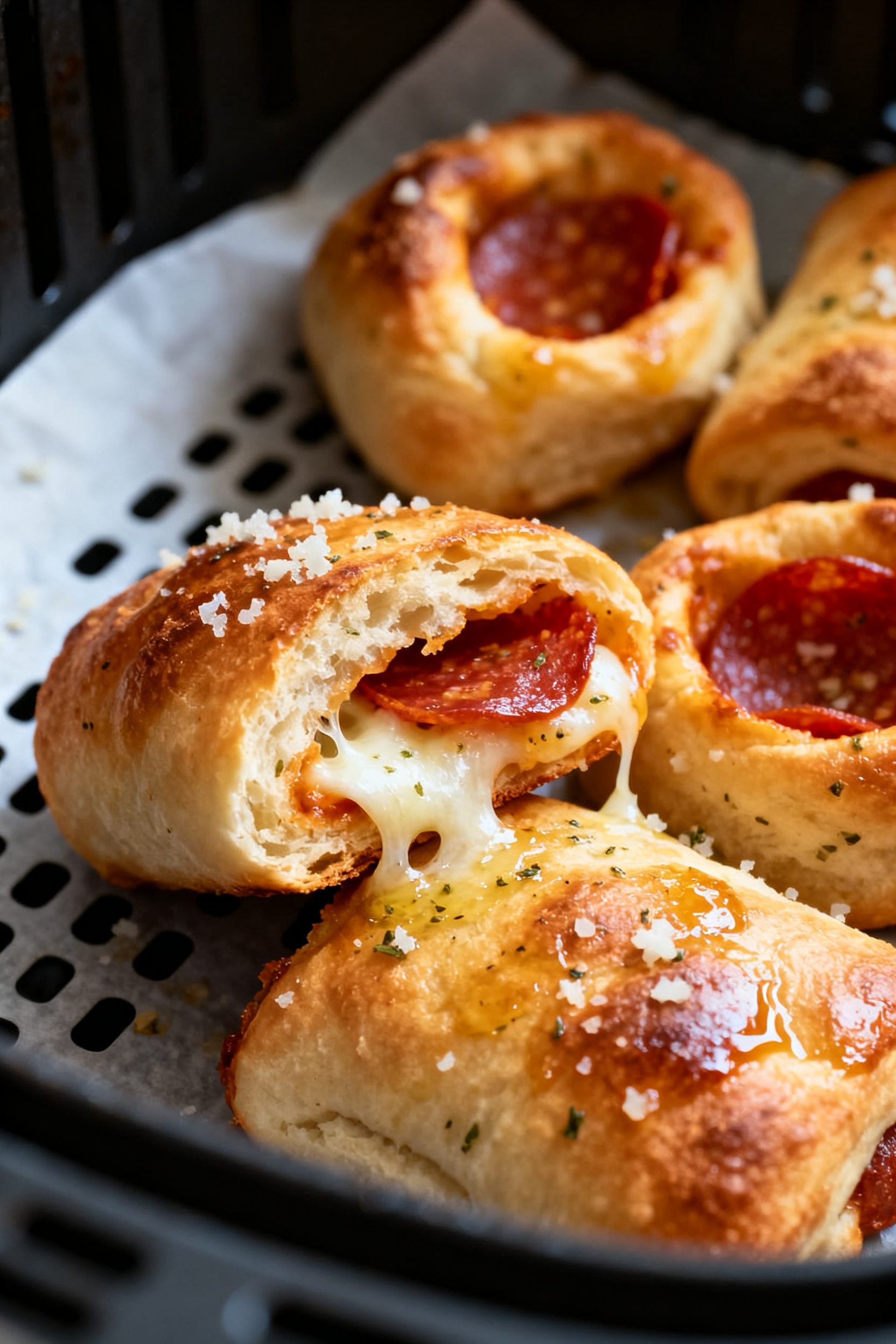 Close-up detail: Air-fried pepperoni rolls just out of the basket at peak doneness, golden-brown, pu