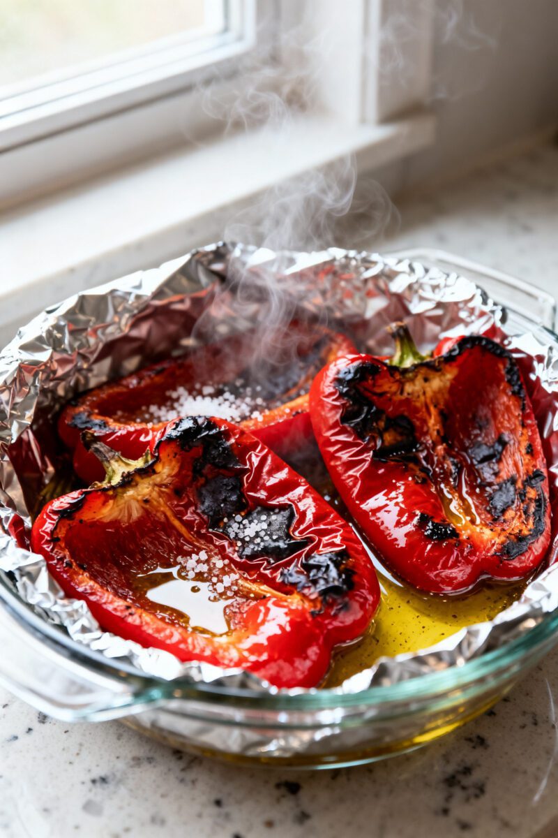 Close-up detail: Air-fried red pepper panels just out of the basket, skins deeply blistered with cha