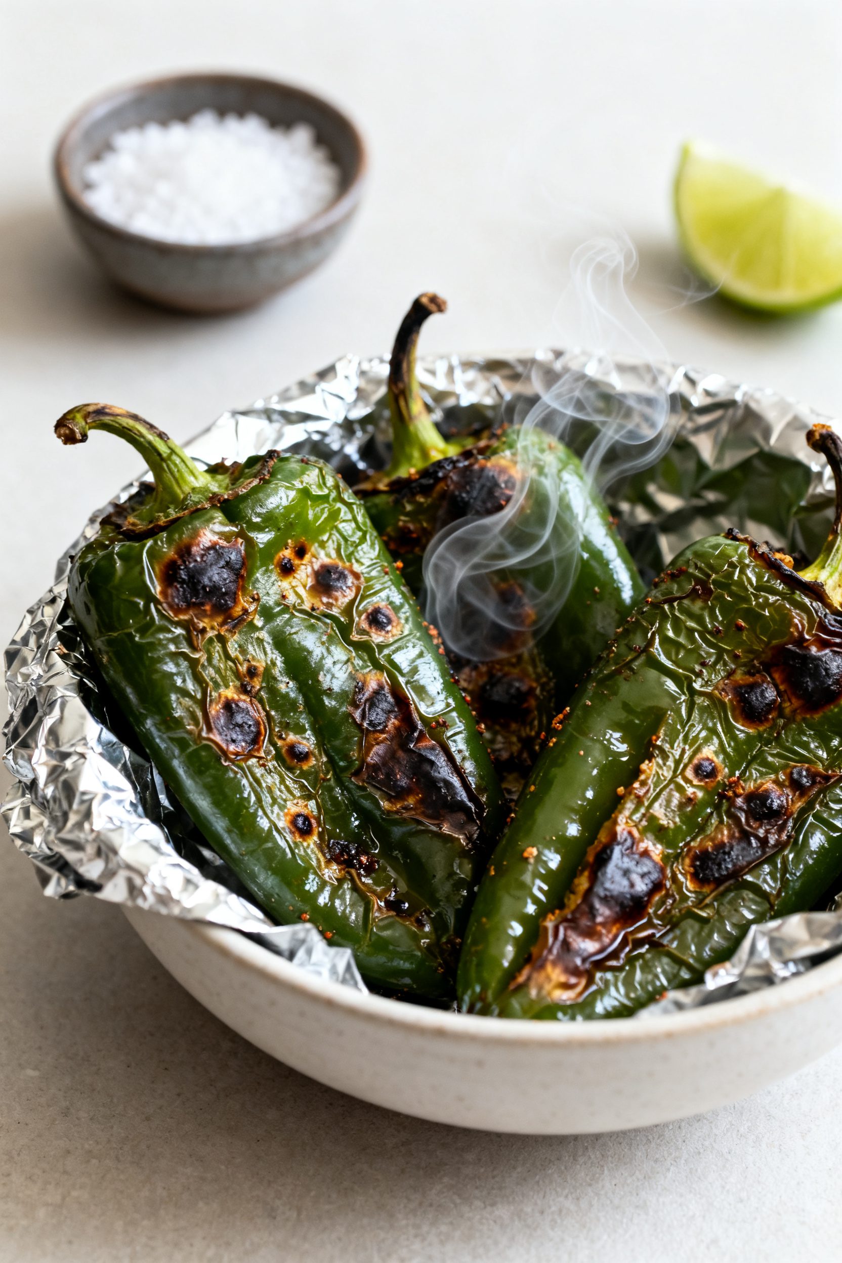 Close-up detail: Air-fried roasted poblano peppers just out of the basket, skins deeply blistered wi