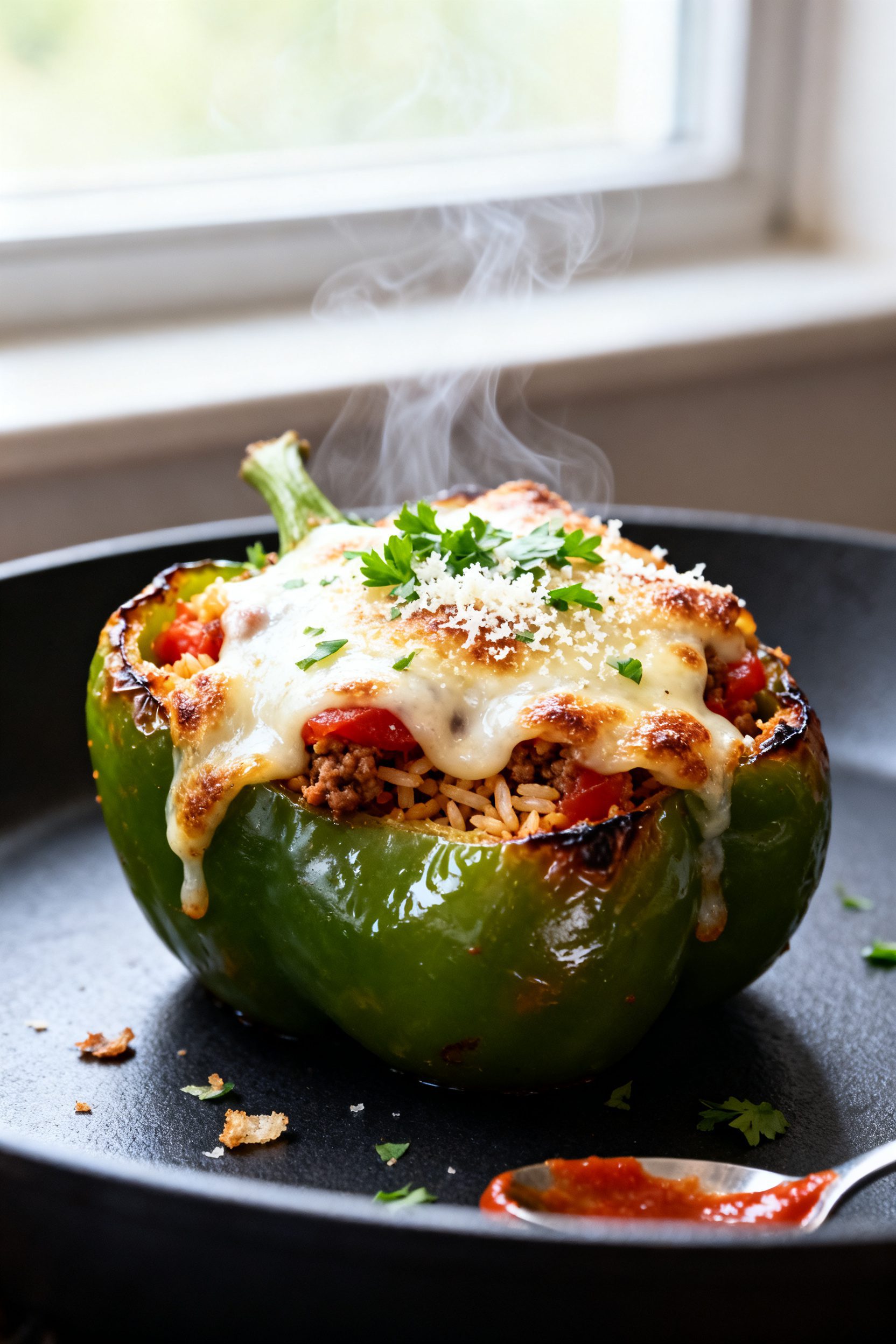 Close-up detail: Air-fried stuffed bell pepper just finished cooking, molten mozzarella lightly brow