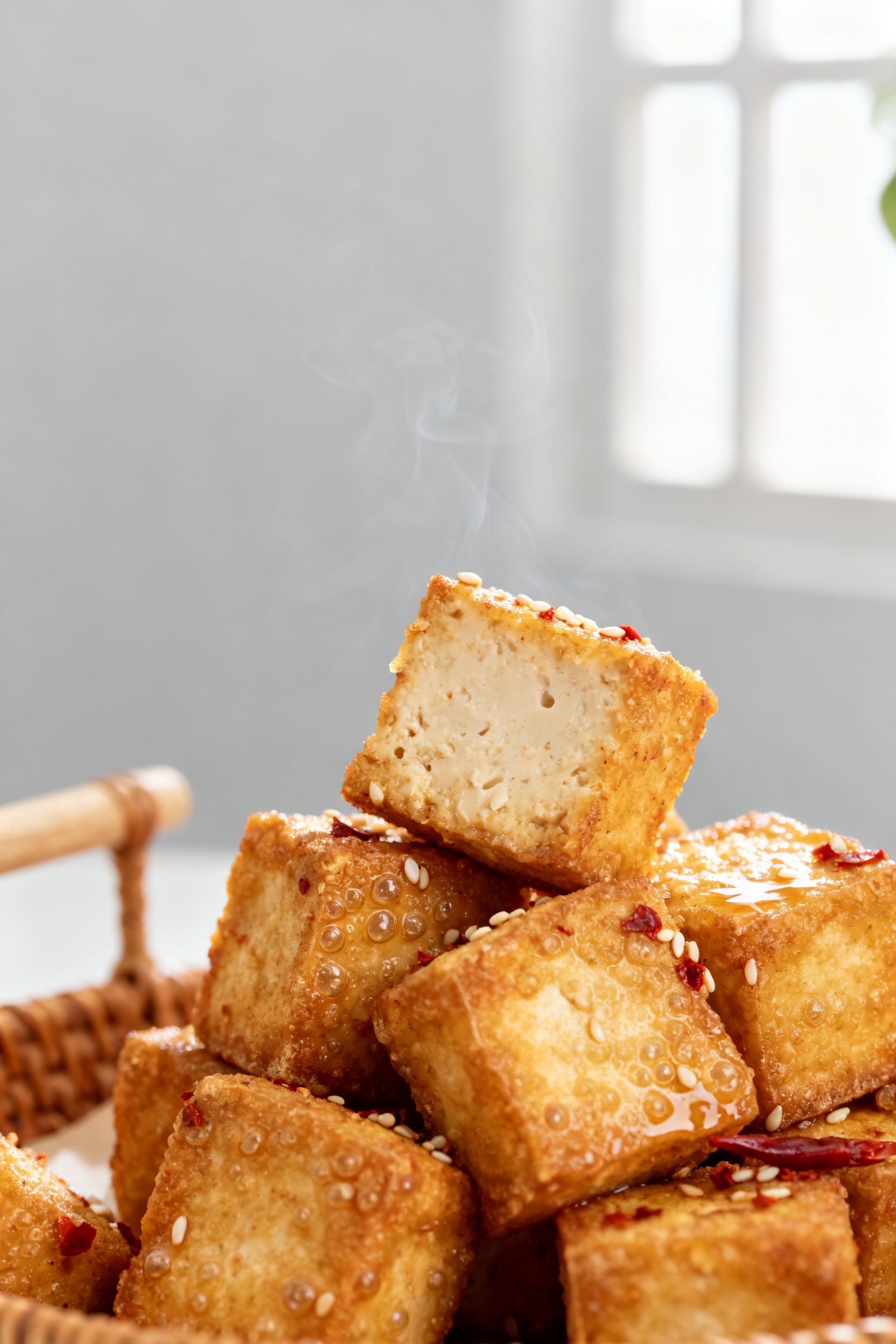 Close-up detail: Air-fried tofu cubes fresh from the basket, deeply golden with crisp, crackly corns