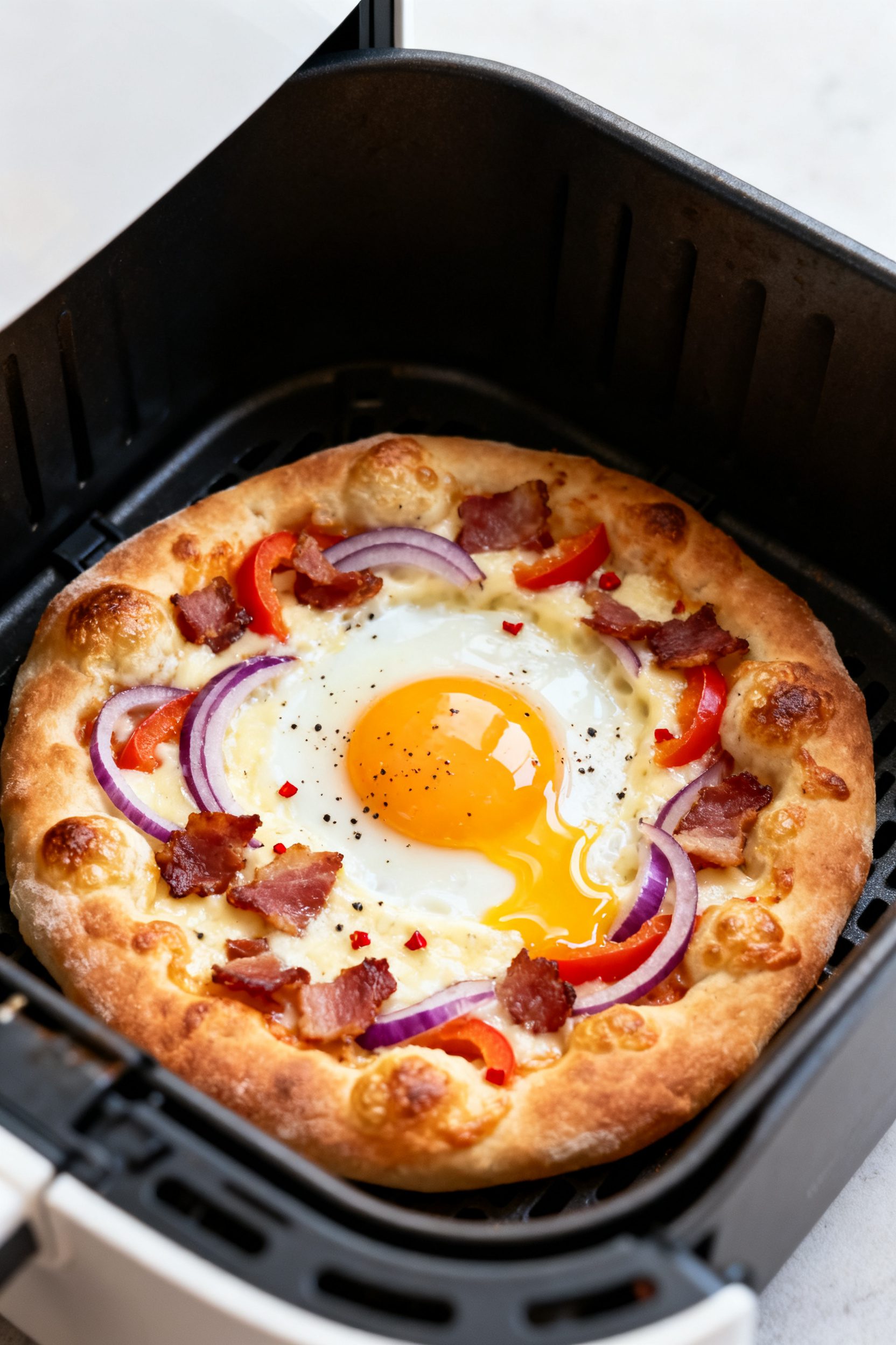 Close-up detail: Air fryer breakfast pizza mid-cook inside the basket at 350–360°F, showing a par