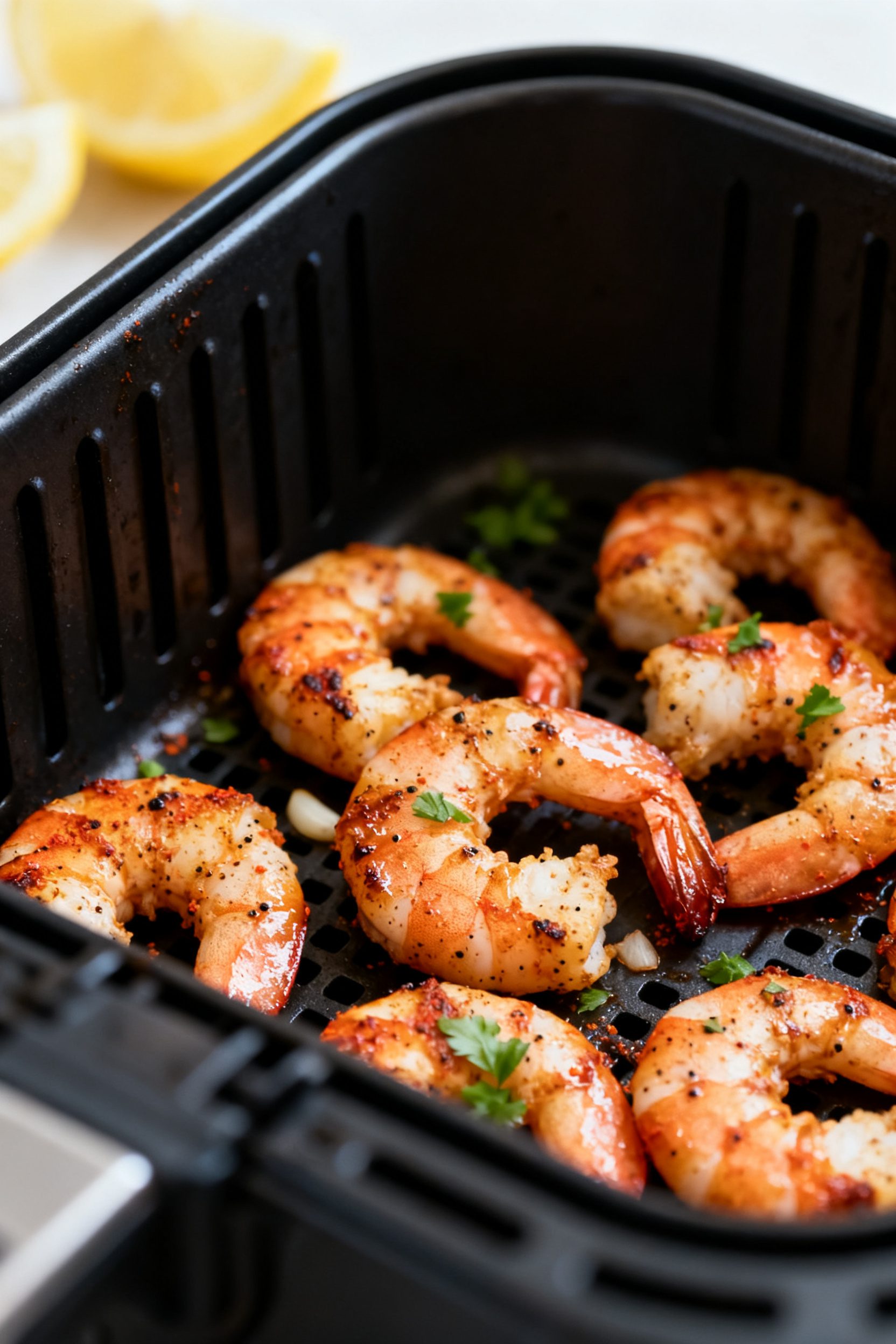 Close-up detail: Air fryer Cajun shrimp fresh from the basket at 400°F, curled into loose “C” s