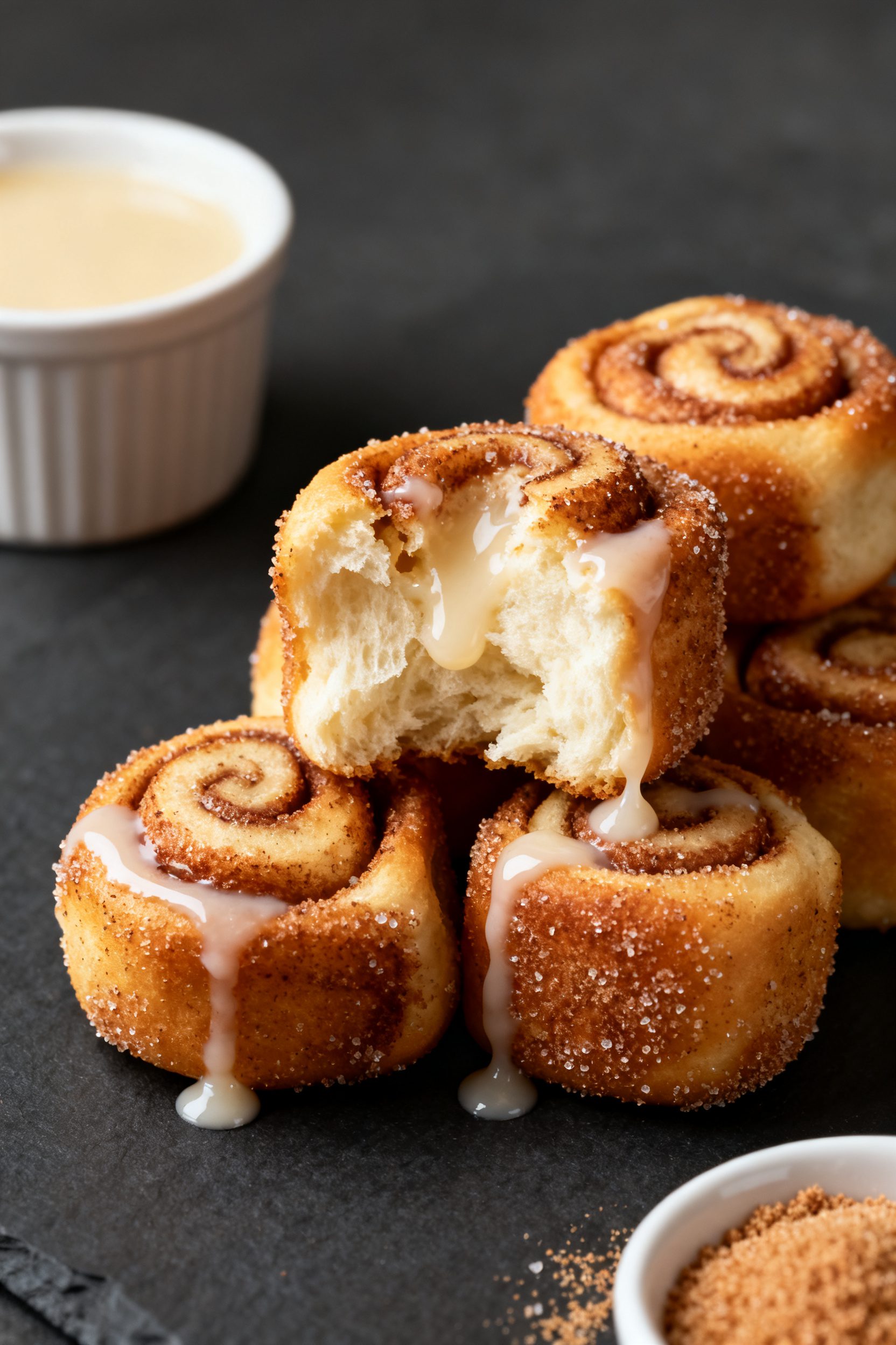 Close-up detail: Air fryer cinnamon roll bites just cooked, golden edges with a delicate crisp, soft