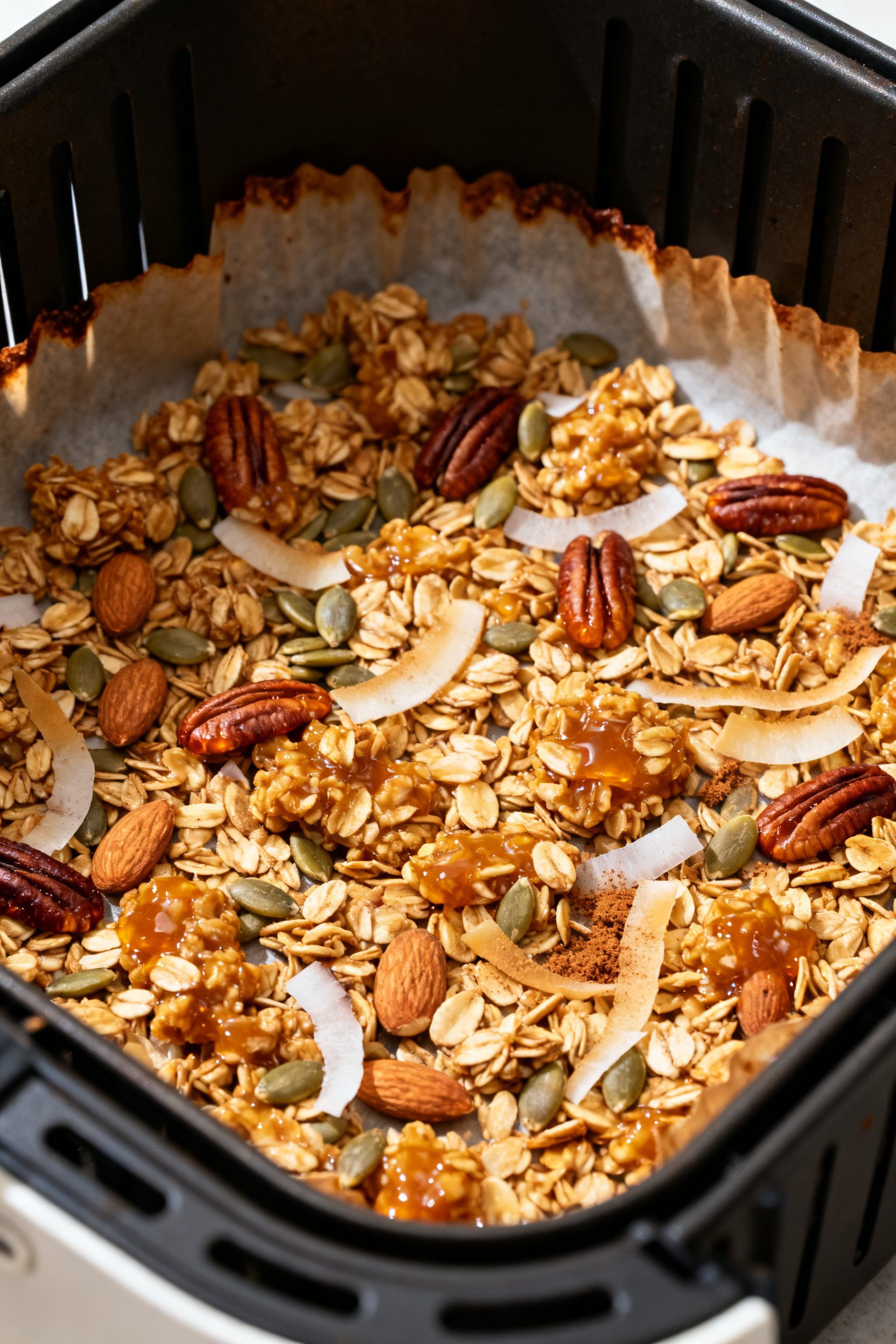 Close-up detail: Air fryer granola just finished cooking, golden toasted rolled oats with visible cl