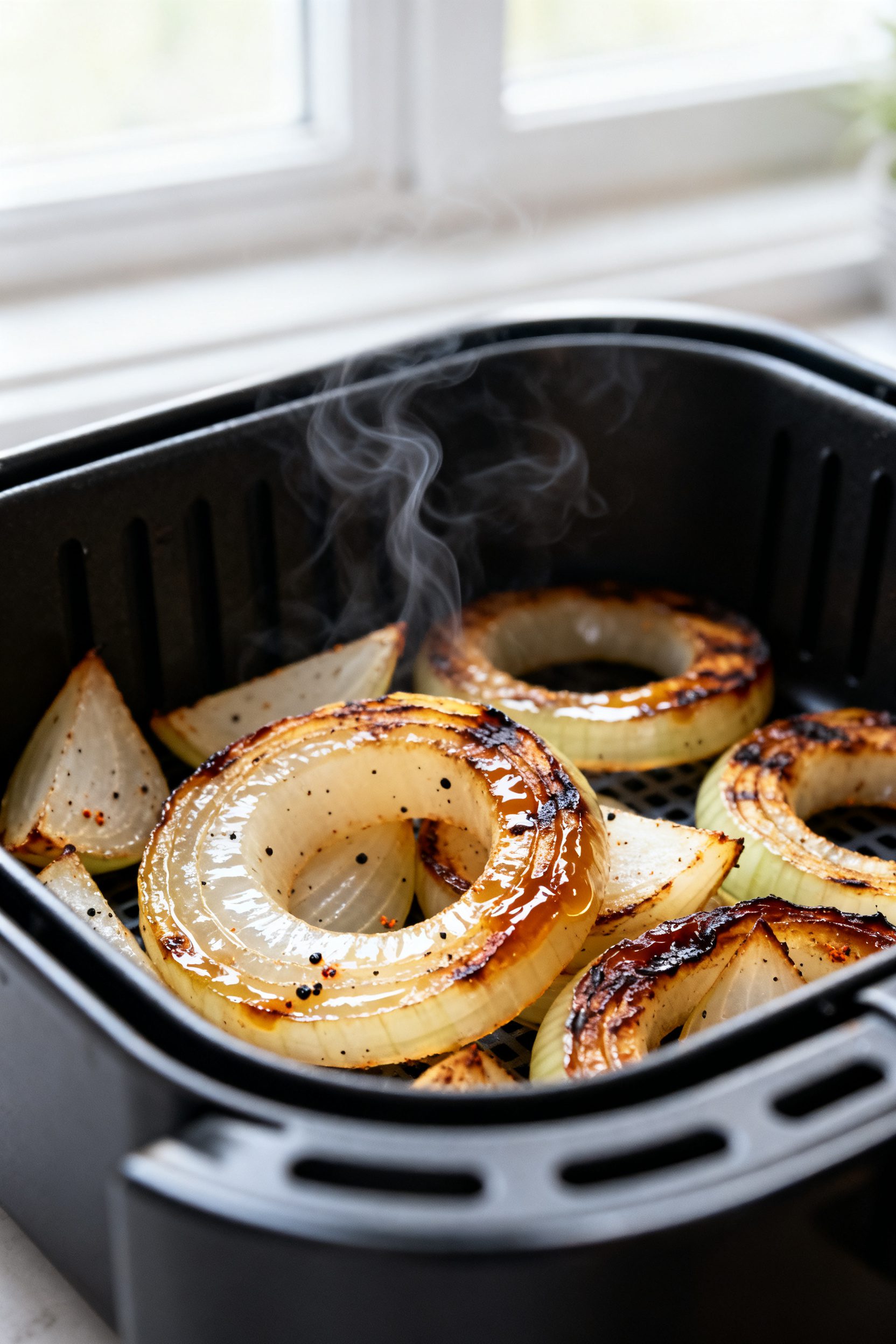 Close-up detail: Air fryer–grilled onion rings and wedges just finished cooking in the hot basket
