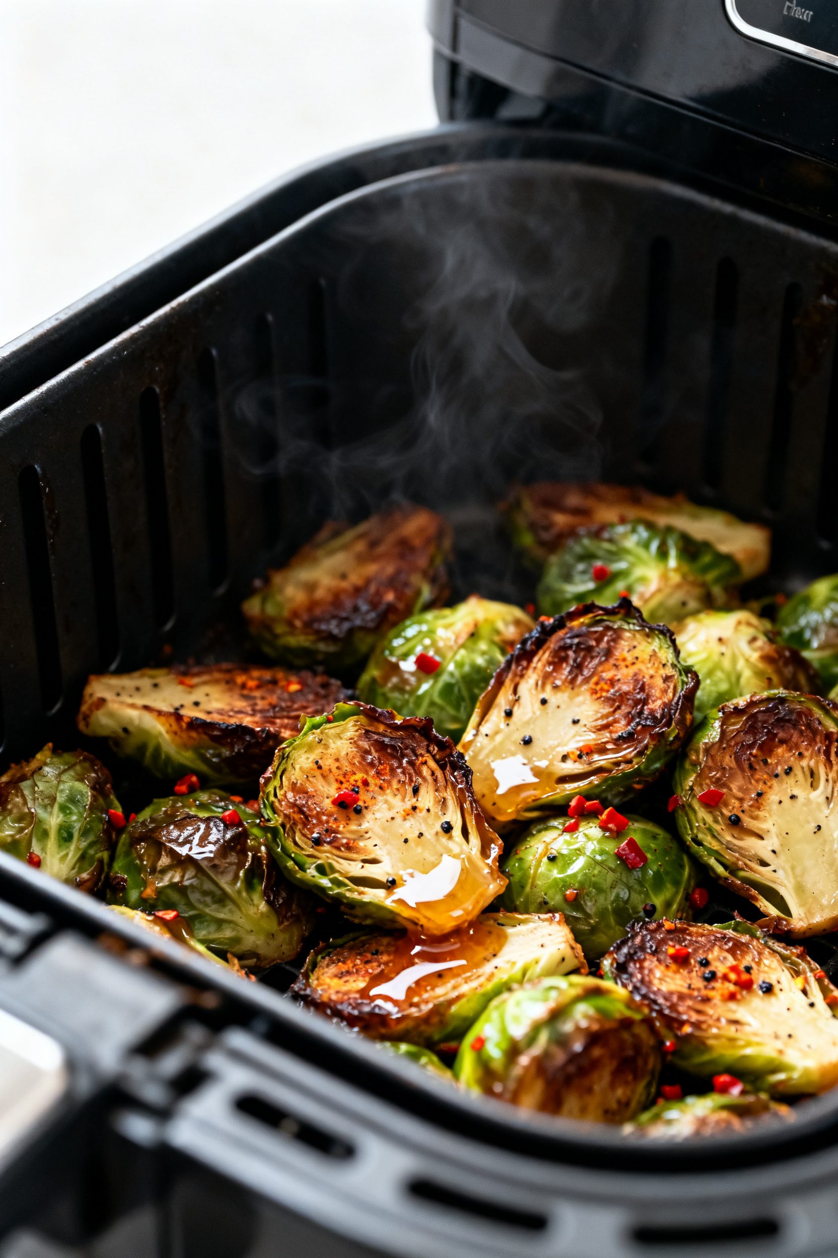 Close-up detail: Air fryer hot honey Brussels sprouts just after the final 2–4 minute finish, capt