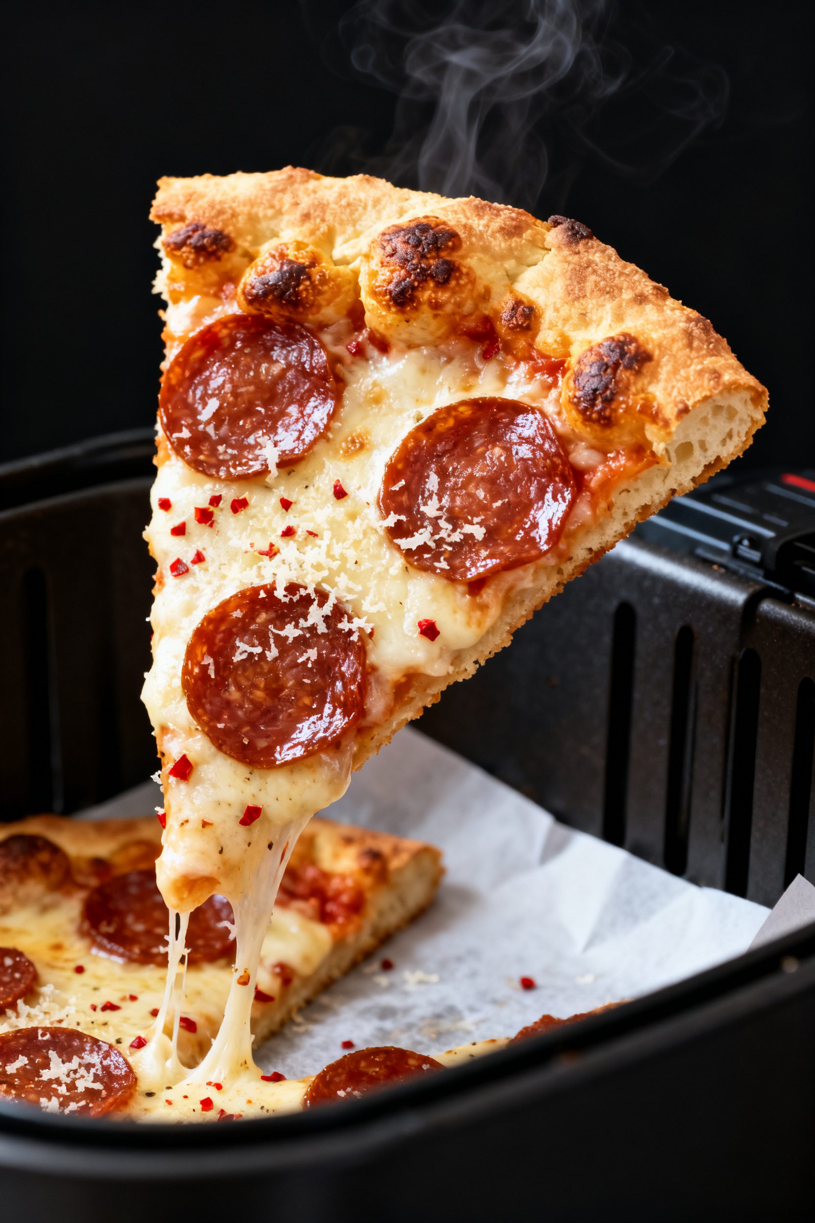 Close-up detail: Air fryer keto pizza slice just lifted from the basket, showing ultra-crispy, golde