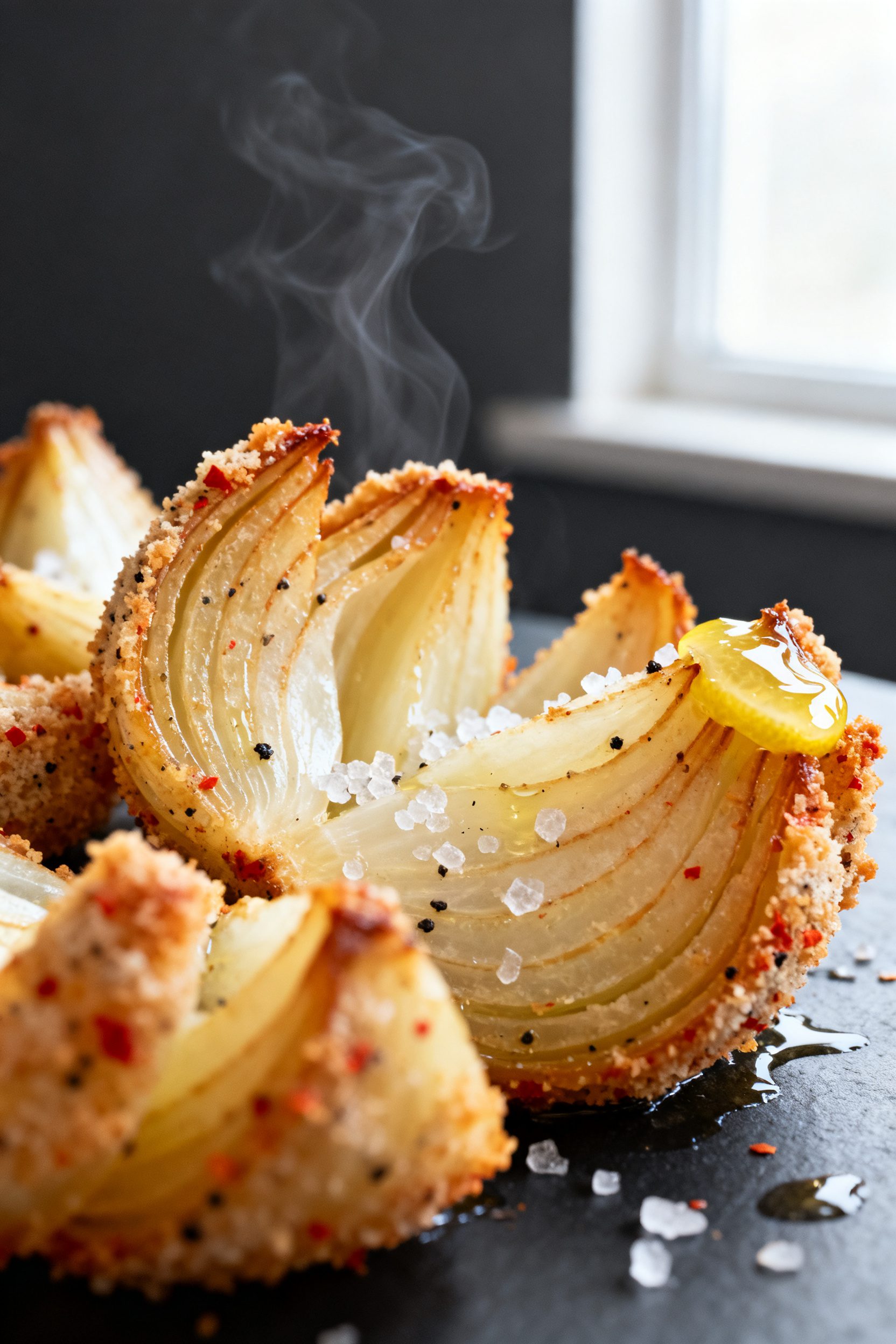 Close-up detail: Air fryer onion petals just finished cooking, crisp panko-and-flour crust with visi