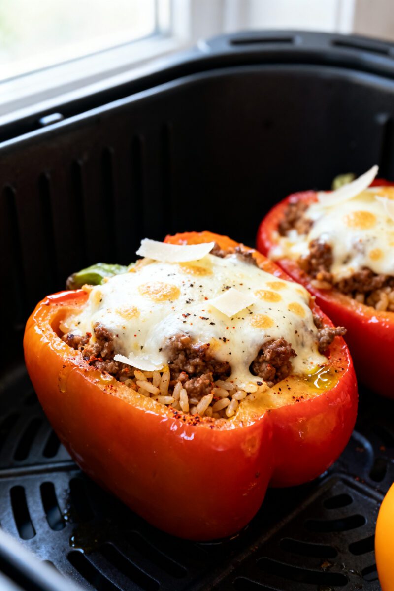 Close-up detail: Air fryer stuffed bell peppers just finished cooking, cheese melted and bubbly with