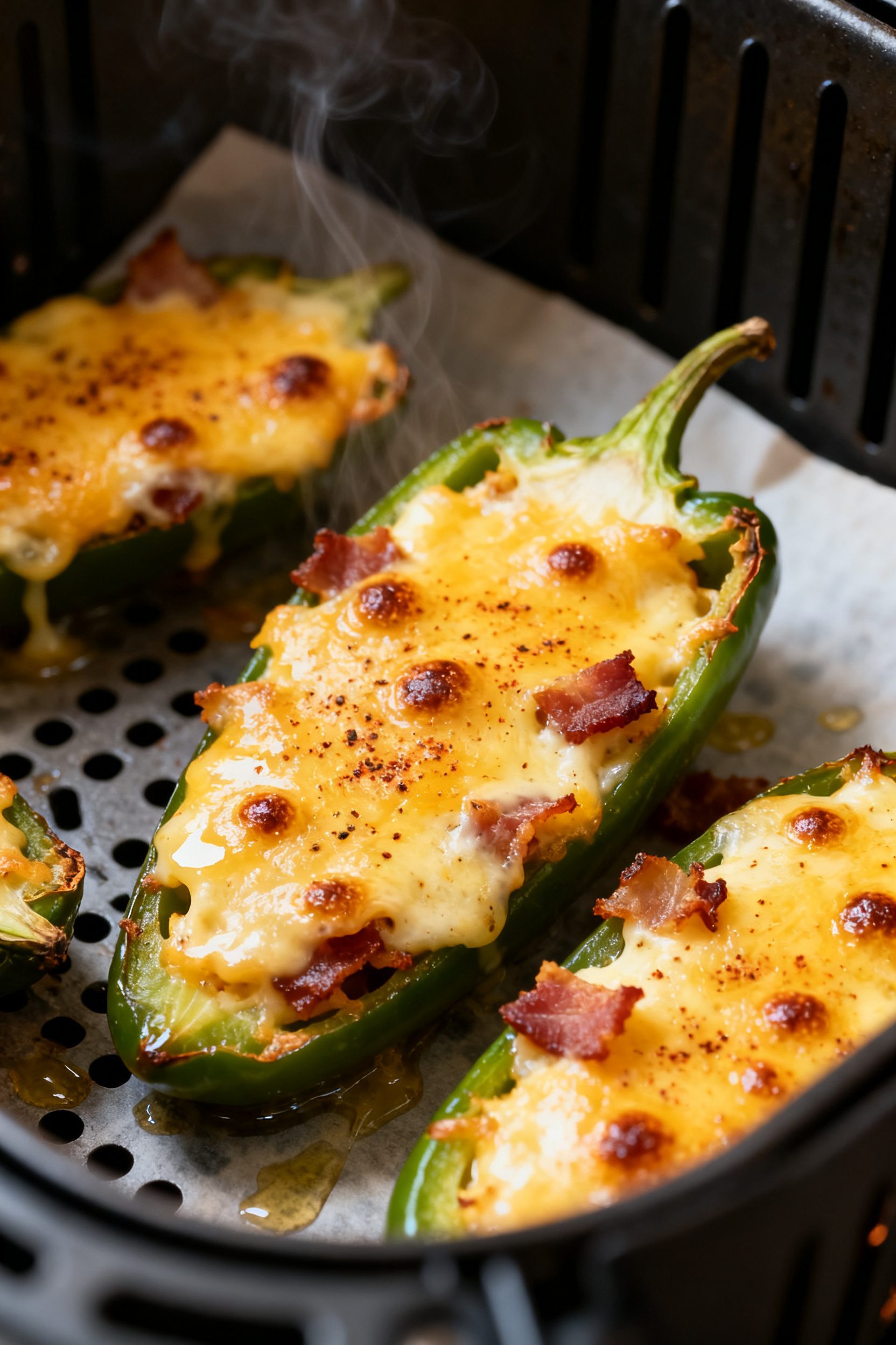 Close-up detail: Air fryer stuffed jalapeno halves just out of the basket, cheese tops golden and bu
