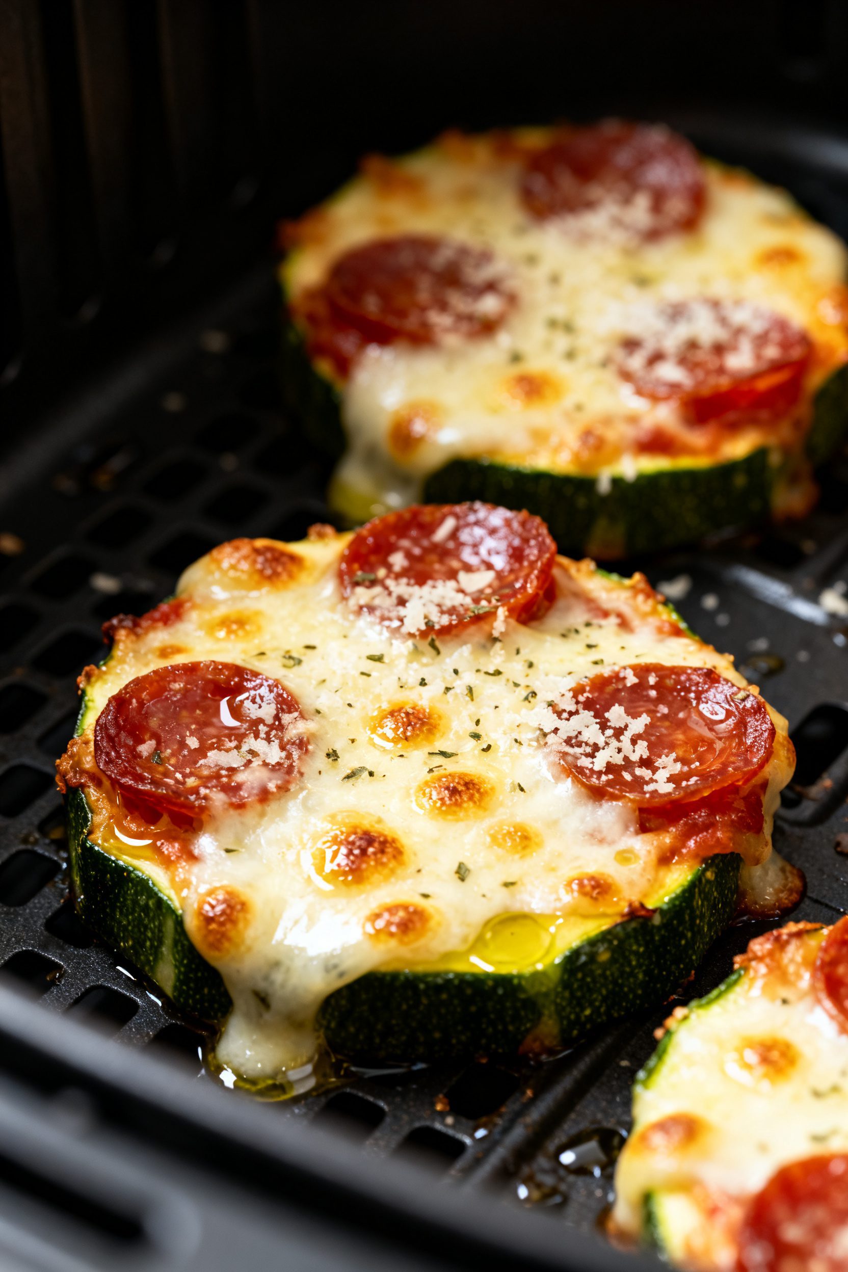 Close-up detail: Air fryer zucchini pizza bites just finished cooking in the basket at 380°F—gooe