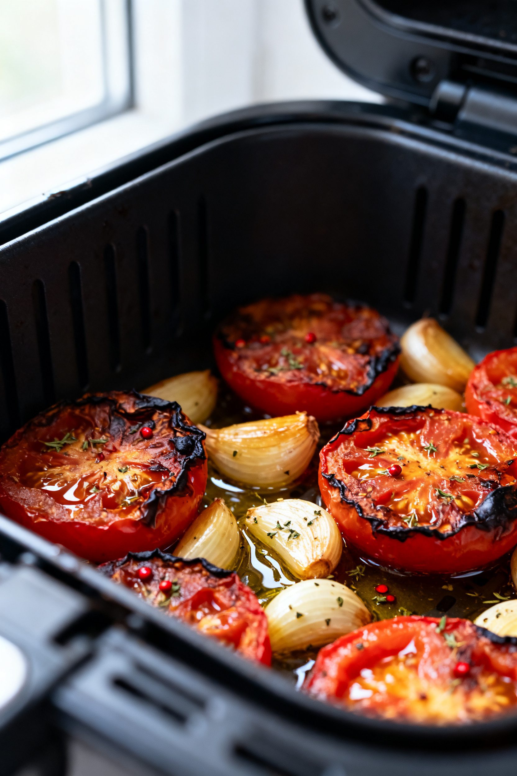 Close-up detail: Caramelized air-fried tomatoes, blistered skins and charred onion edges nestled wit