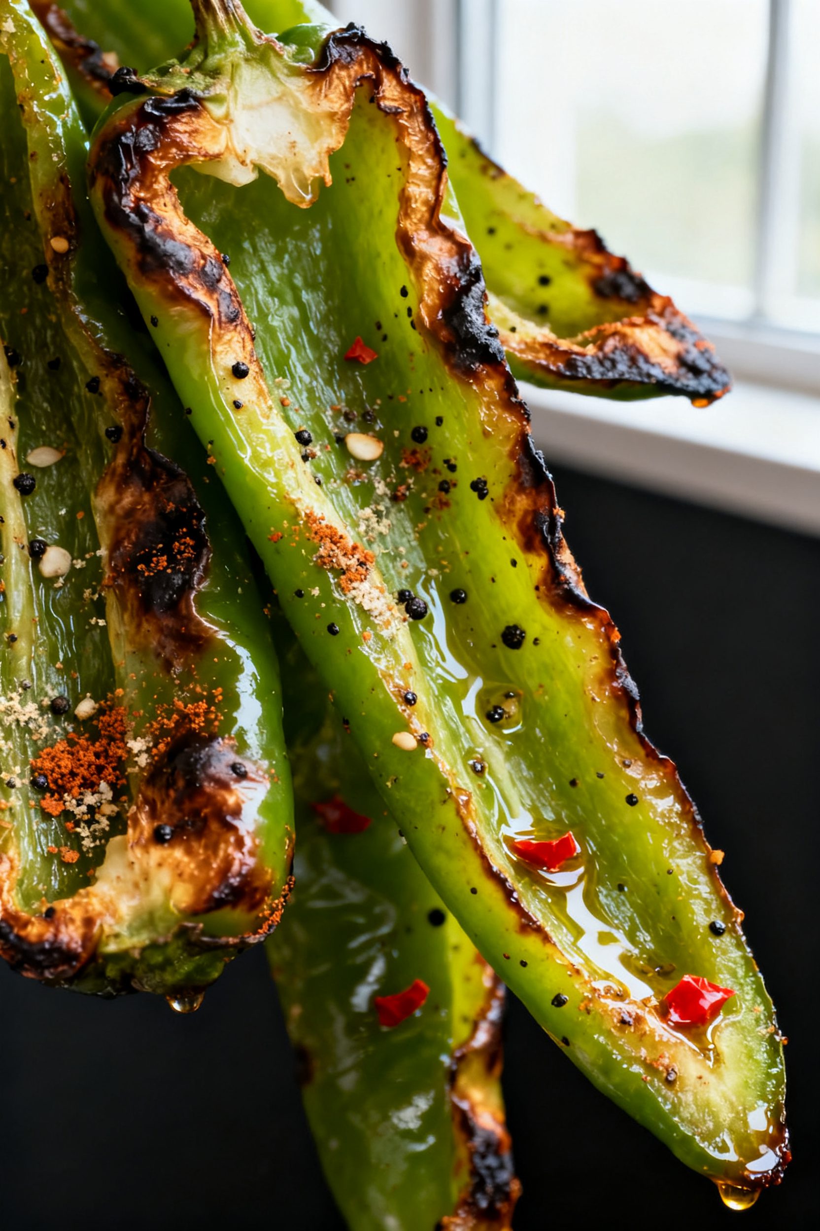 Close-up detail: Charred air-fried green pepper strips just out of the basket at 380°F, edges caram