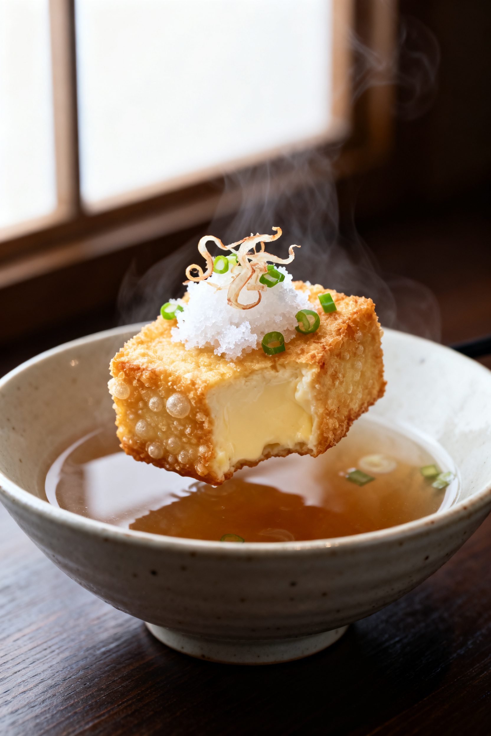 Close-up detail: Crisp, air-fried agedashi tofu cube just lifted from a shallow bowl of steaming das