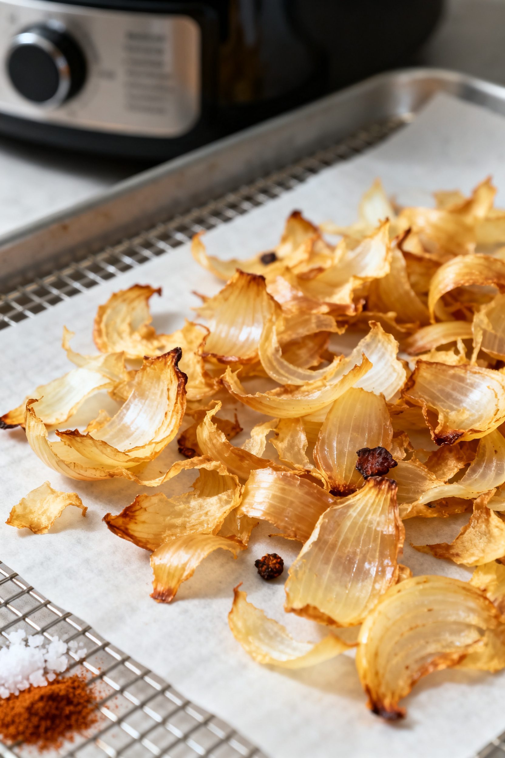 Close-up detail: Crisp, golden-brown dehydrated onion flakes scattered on a parchment-lined cooling 