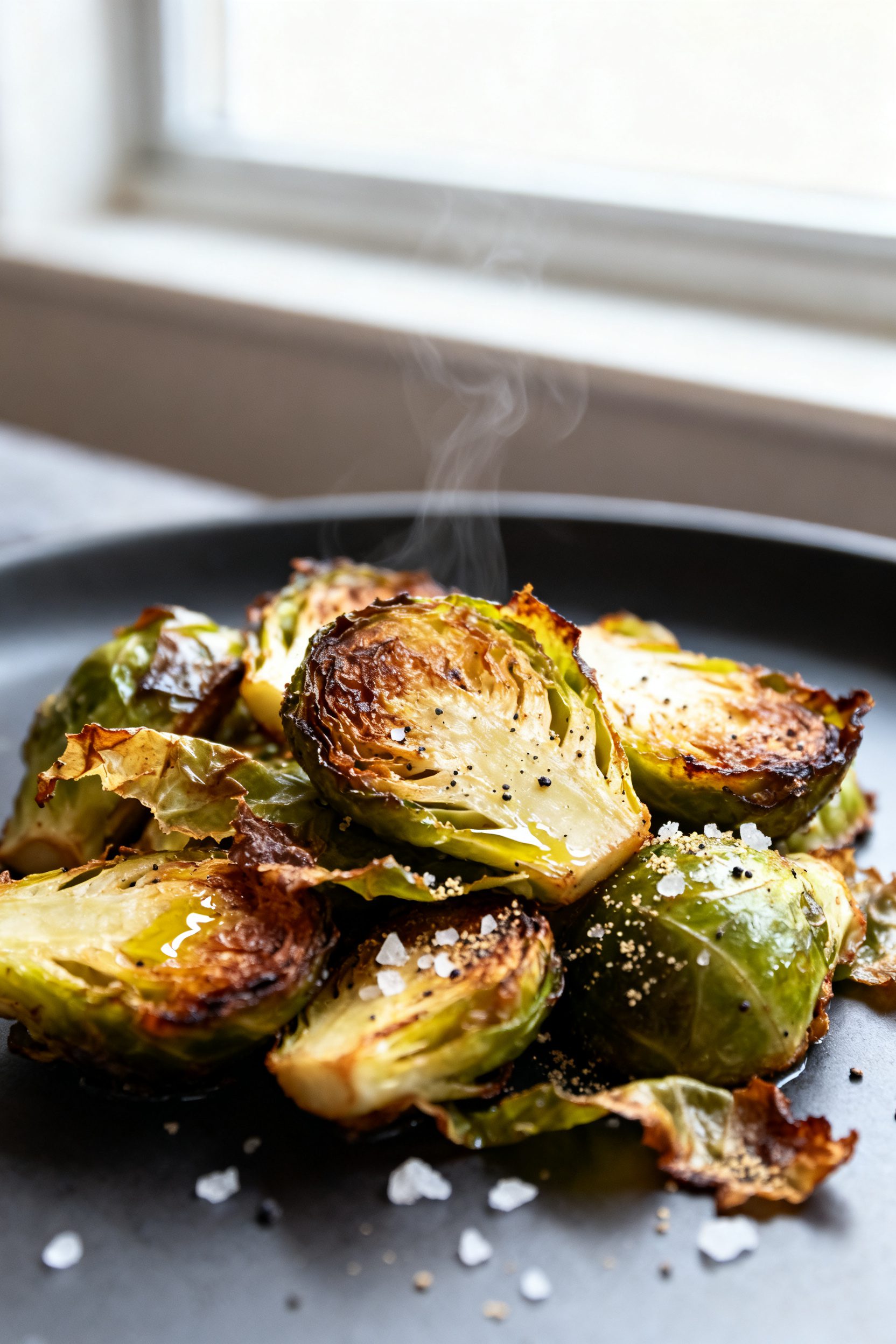 Close-up detail: Crispy air-fried Brussels sprouts just out of the basket, cut-sides deeply carameli