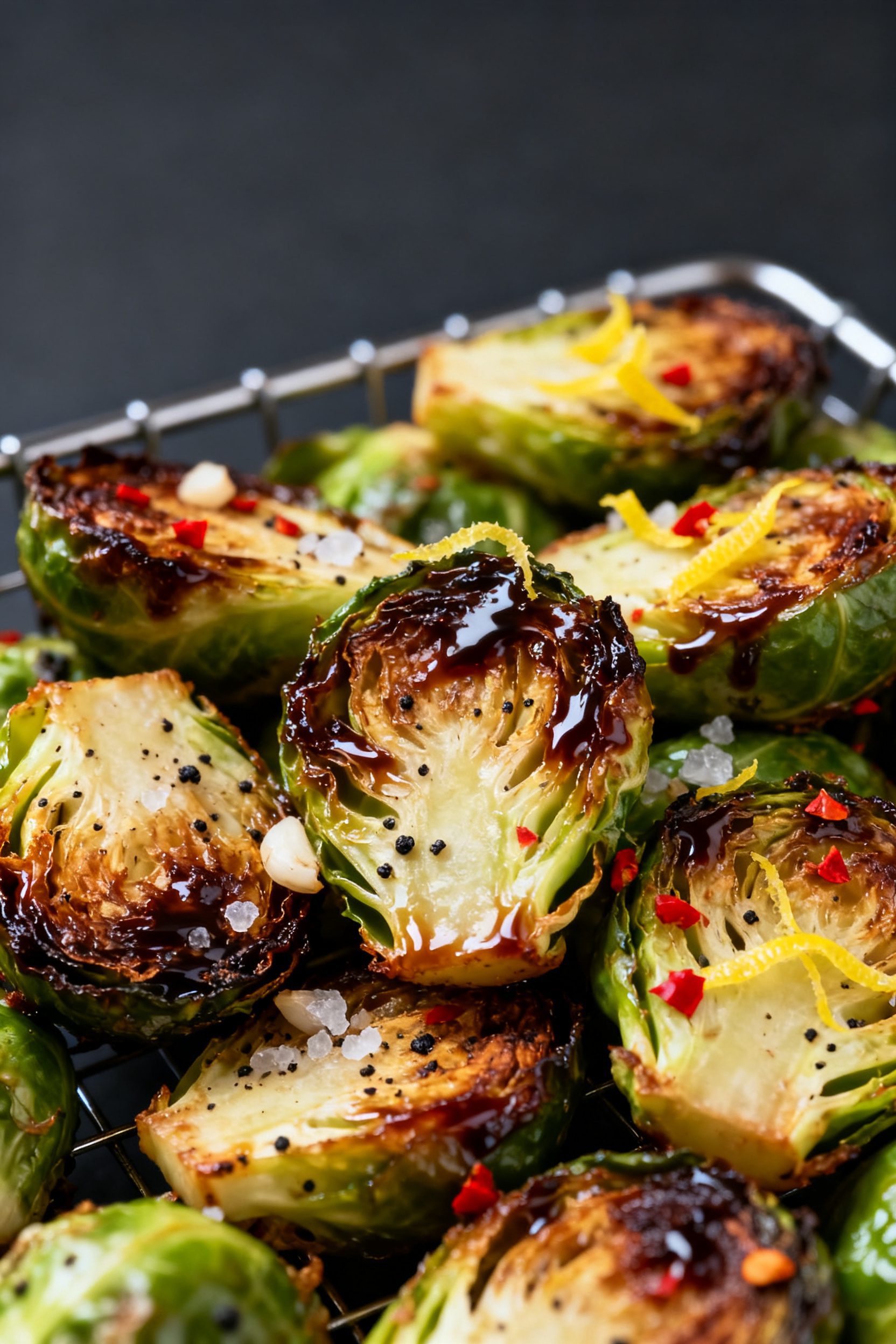 Close-up detail: Crispy air-fried Brussels sprouts just out of the basket, cut sides down with deepl