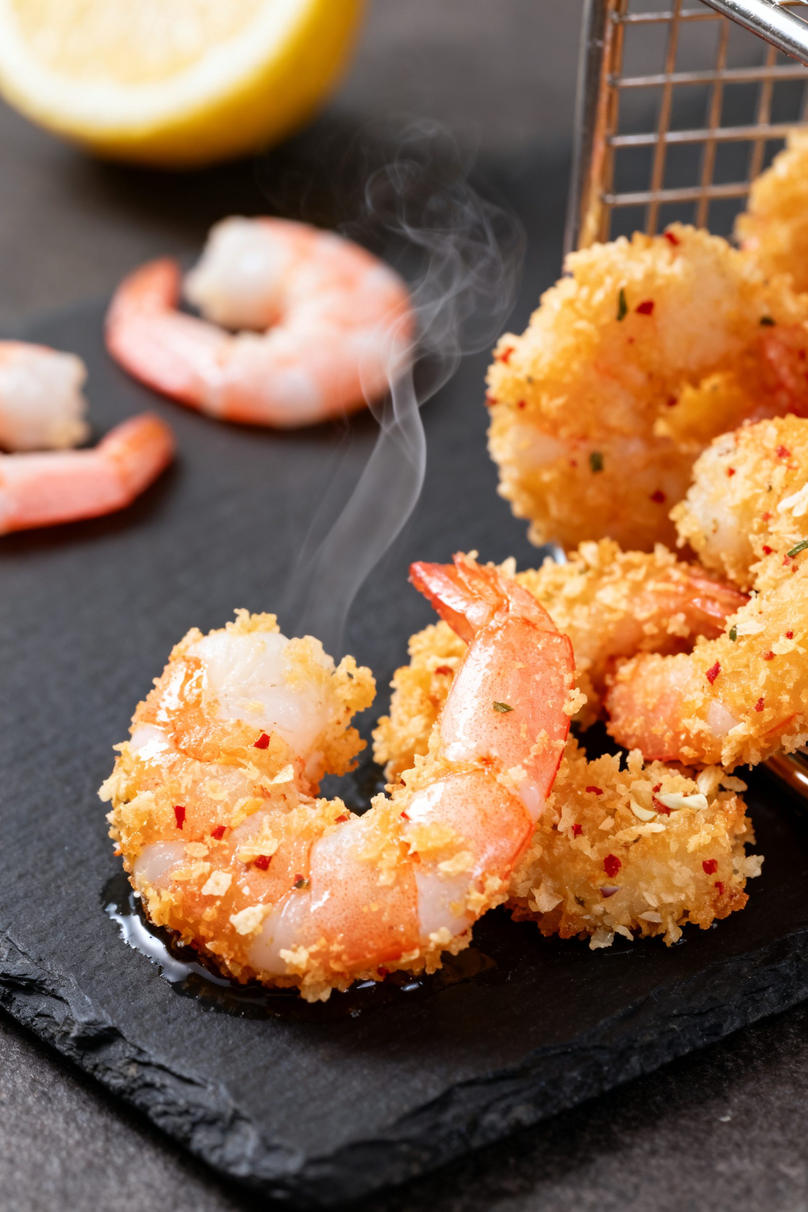 Close-up detail: Crispy air-fried panko shrimp just out of the basket, golden-brown crumb with visib