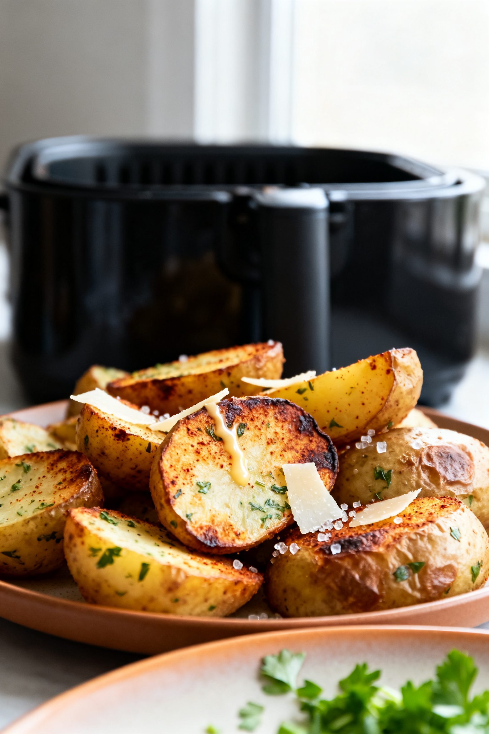 Close-up detail: Crispy air-fried ranch potatoes just out of the basket, golden-brown blistered edge
