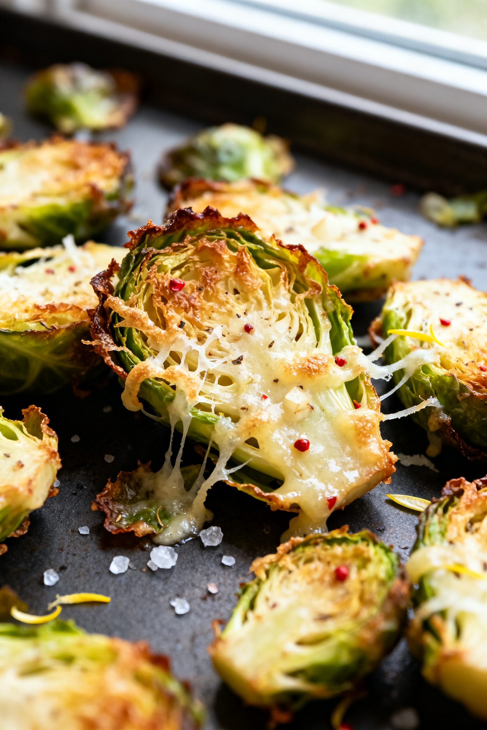 Close-up detail: Crispy air-fried smashed Brussels sprouts just after the Parmesan melt, showing sha