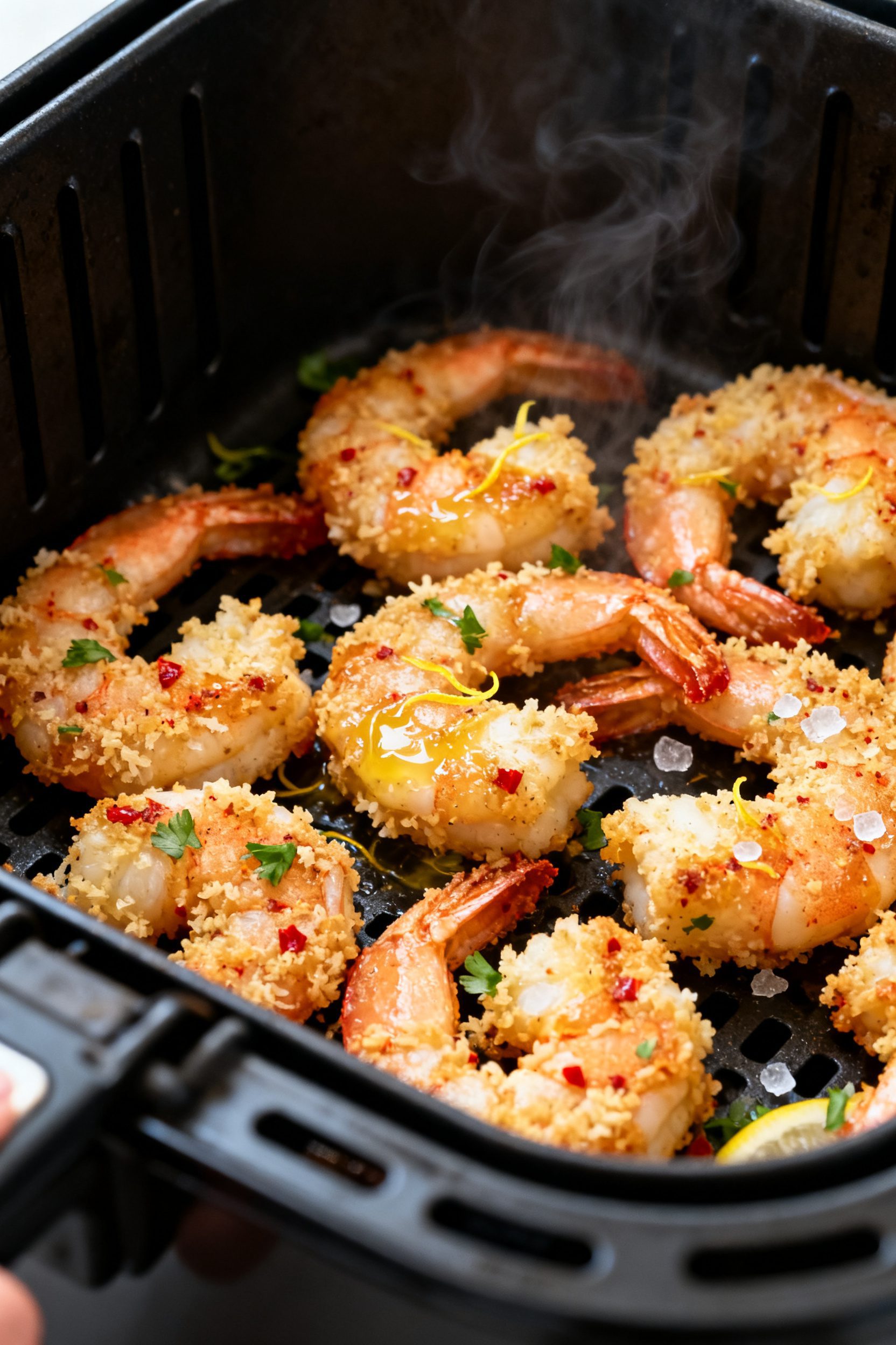 Close-up detail: Crispy air fryer garlic Parmesan shrimp just cooked, golden crust with visible fine