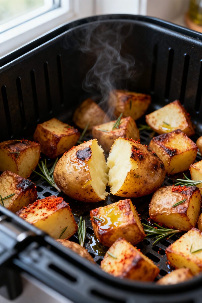 Close-up detail: Crispy air fryer potato cubes just out of the basket, deep golden-brown edges with