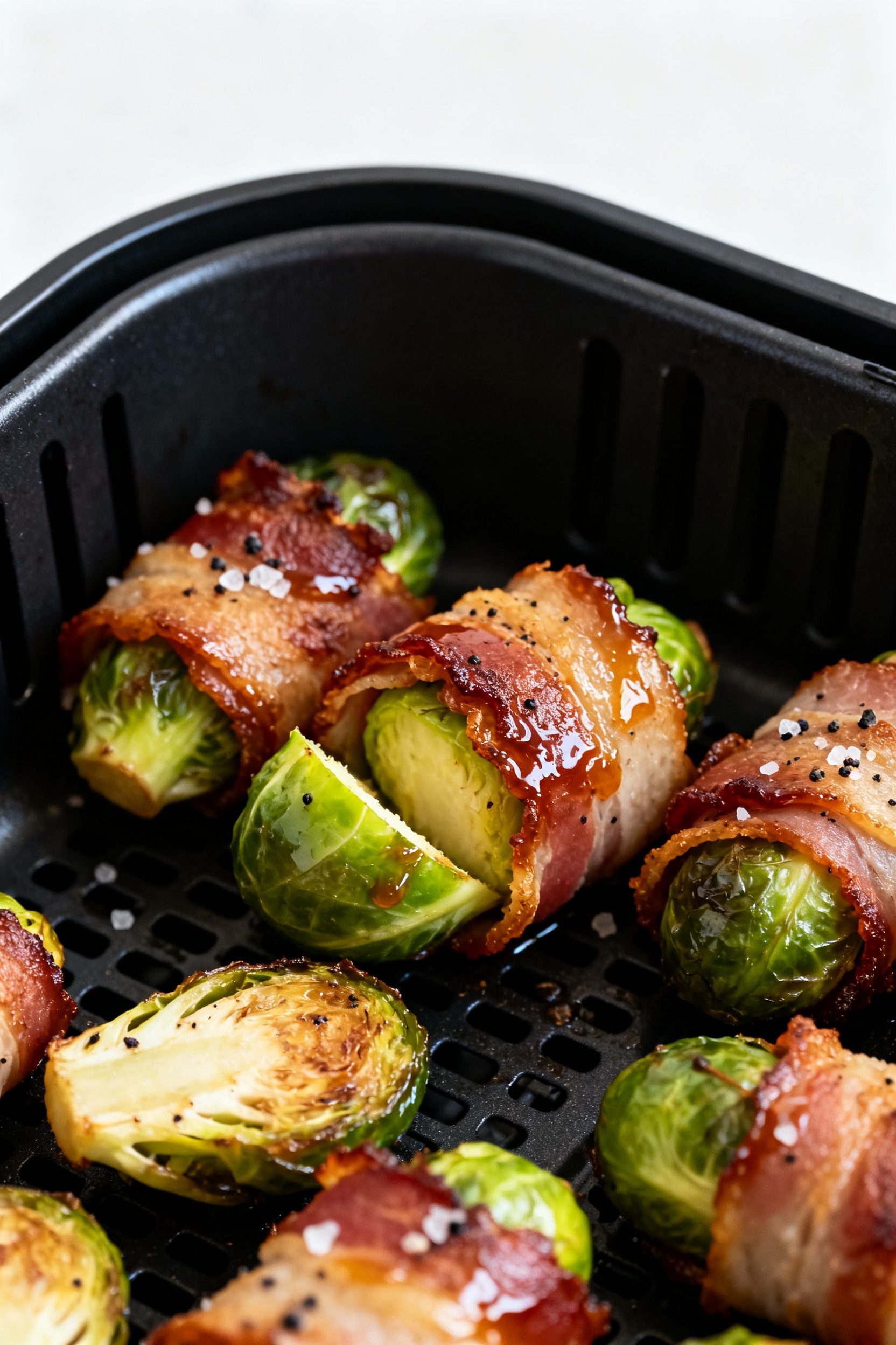 Close-up detail: Crispy bacon-wrapped Brussels sprouts just out of the air fryer basket, bacon deepl