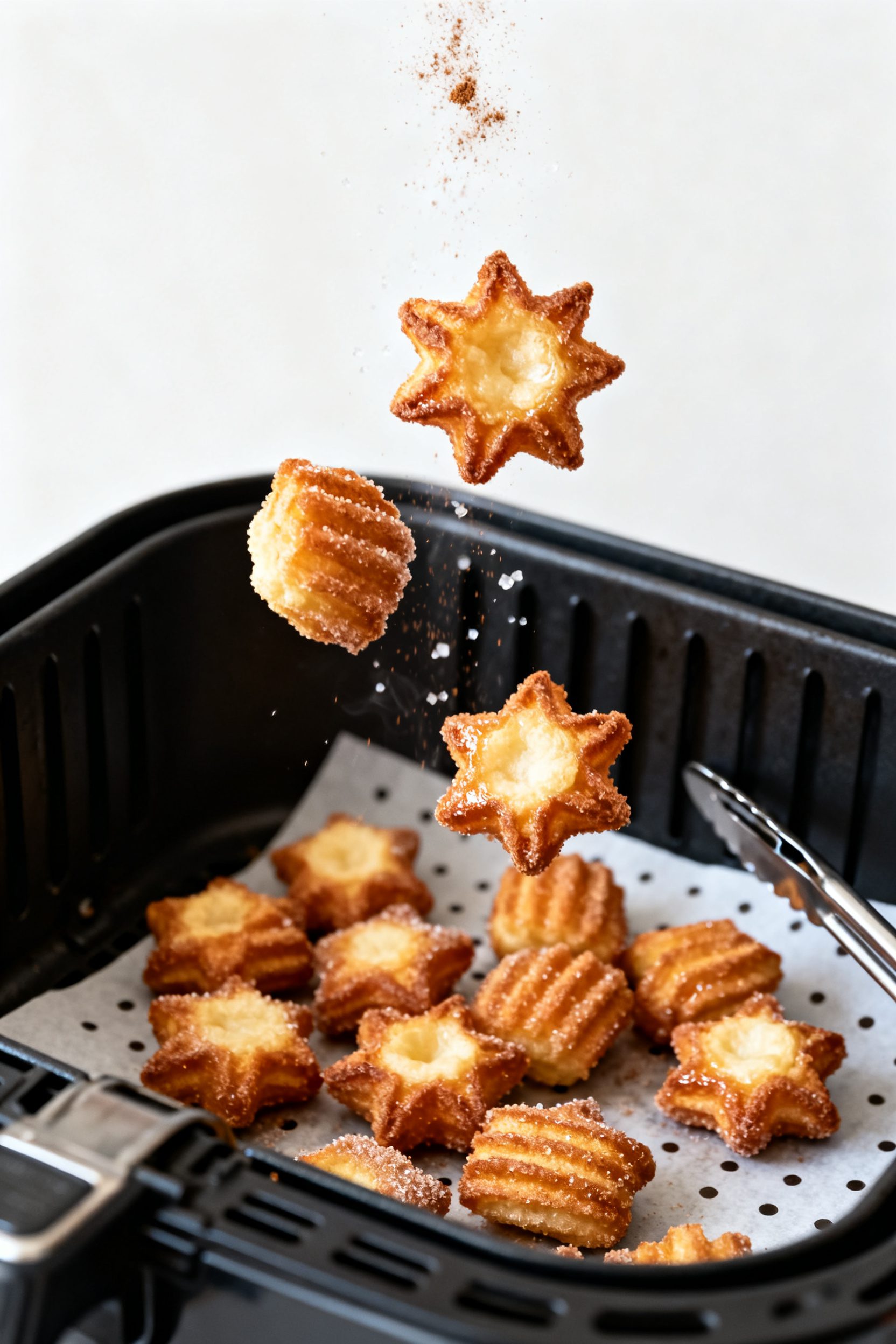 Close-up detail: Freshly air-fried churro bites just out of the basket at 375°F, golden brown with