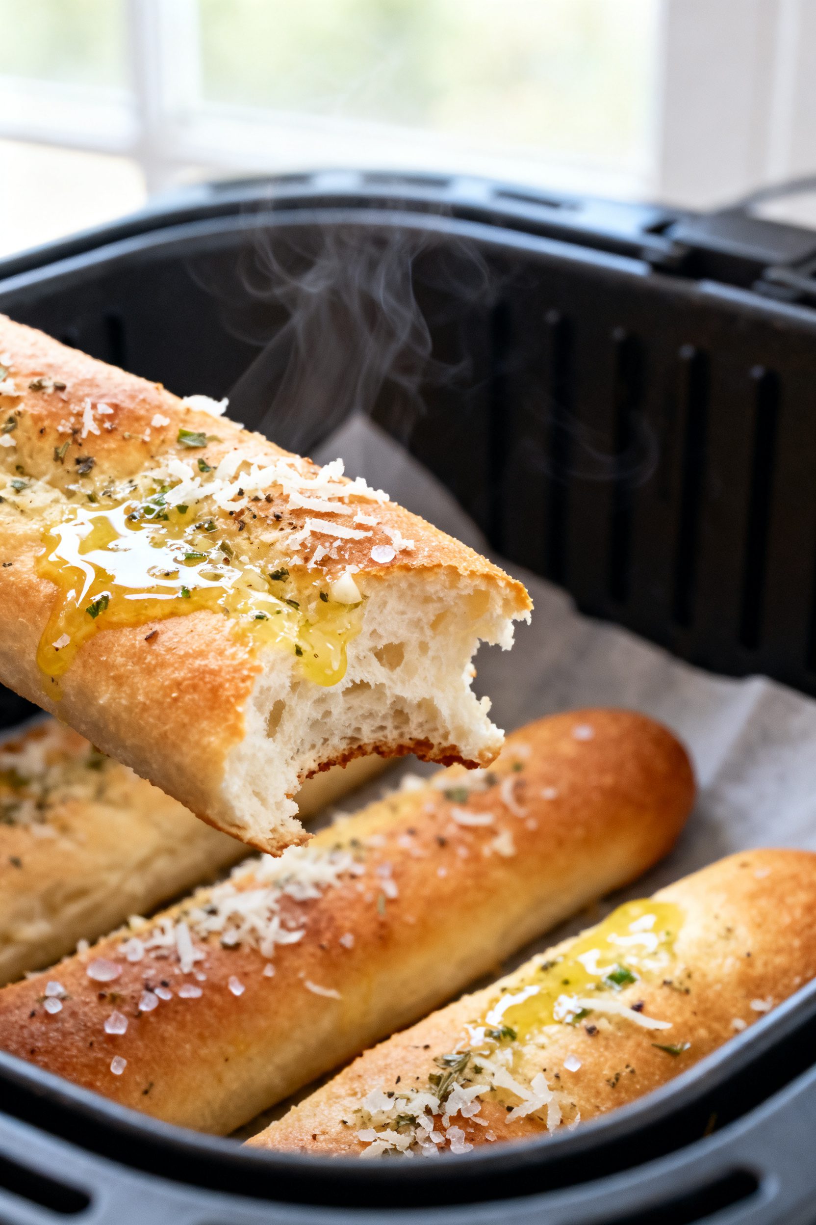 Close-up detail: Freshly air-fried garlic-parmesan breadsticks just out of the basket, lightly golde