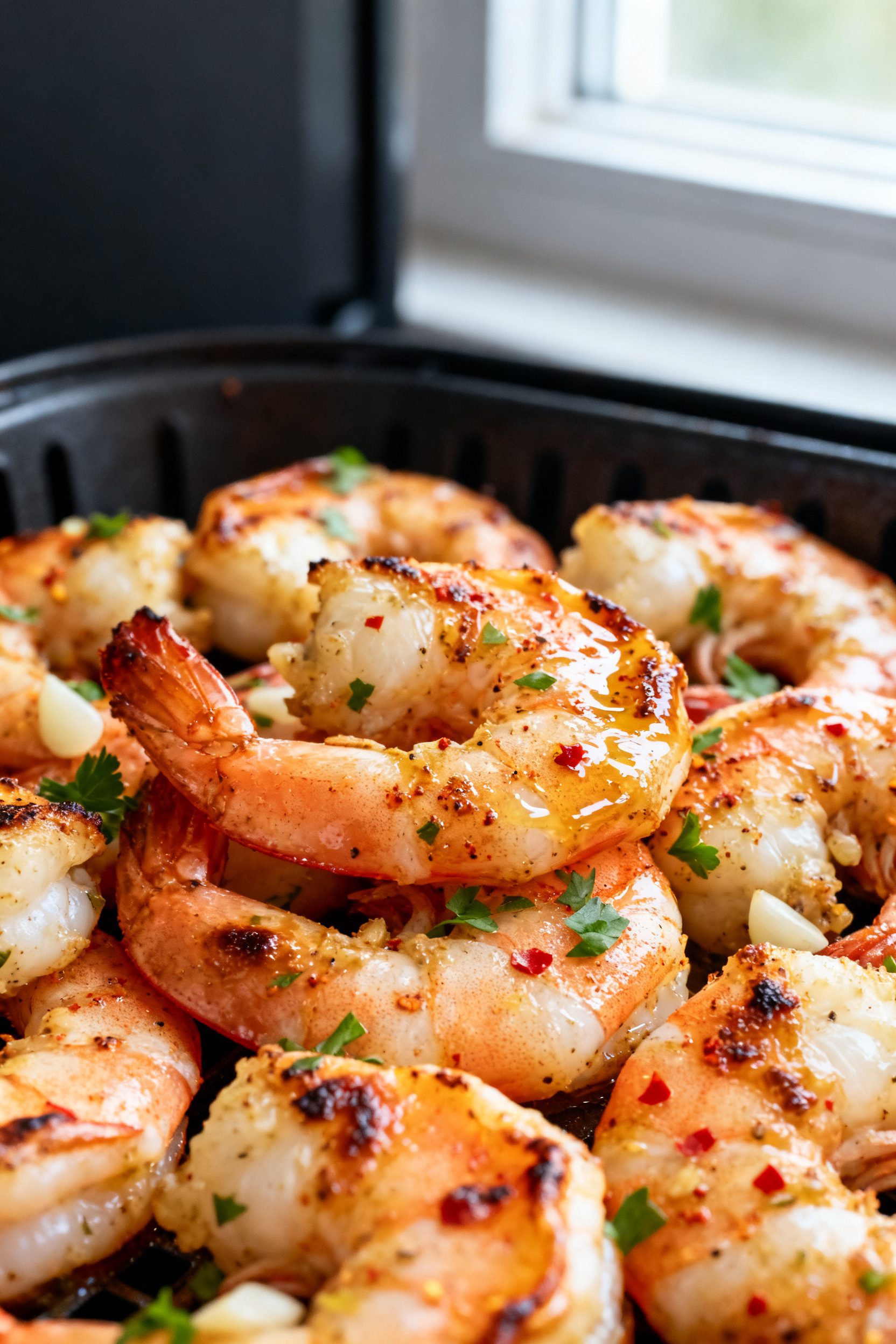 Close-up detail: Garlic-butter air fryer shrimp just out of the basket at 400°F, edges lightly char