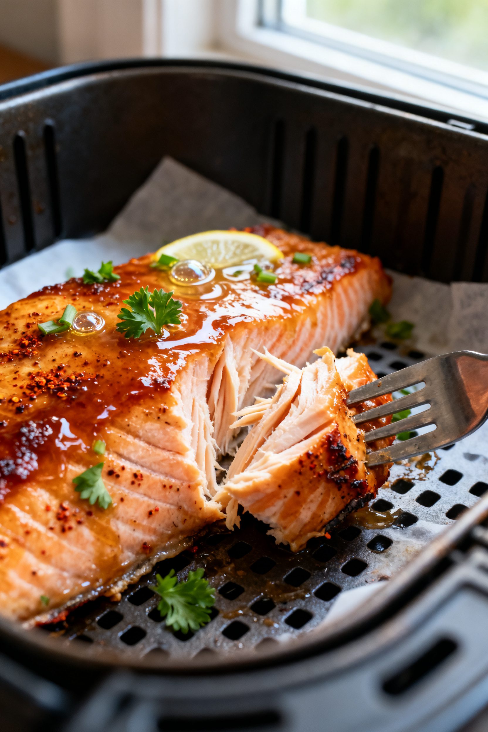 Close-up detail: Glazed air-fried salmon fillet just out of the basket, surface glossy and lightly c