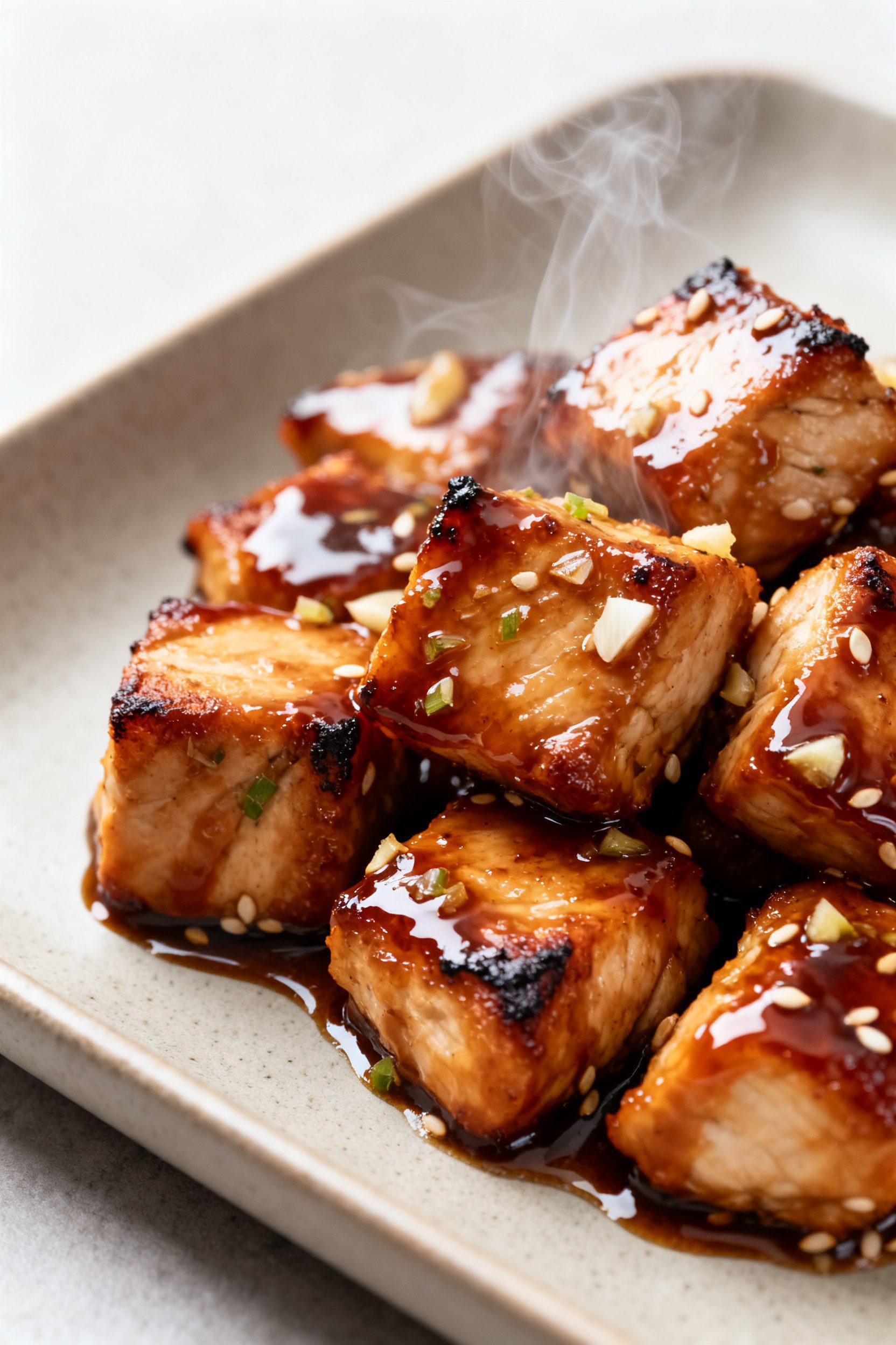 Close-up detail: Glossy air fryer chicken teriyaki cubes just out of the basket, edges lightly caram