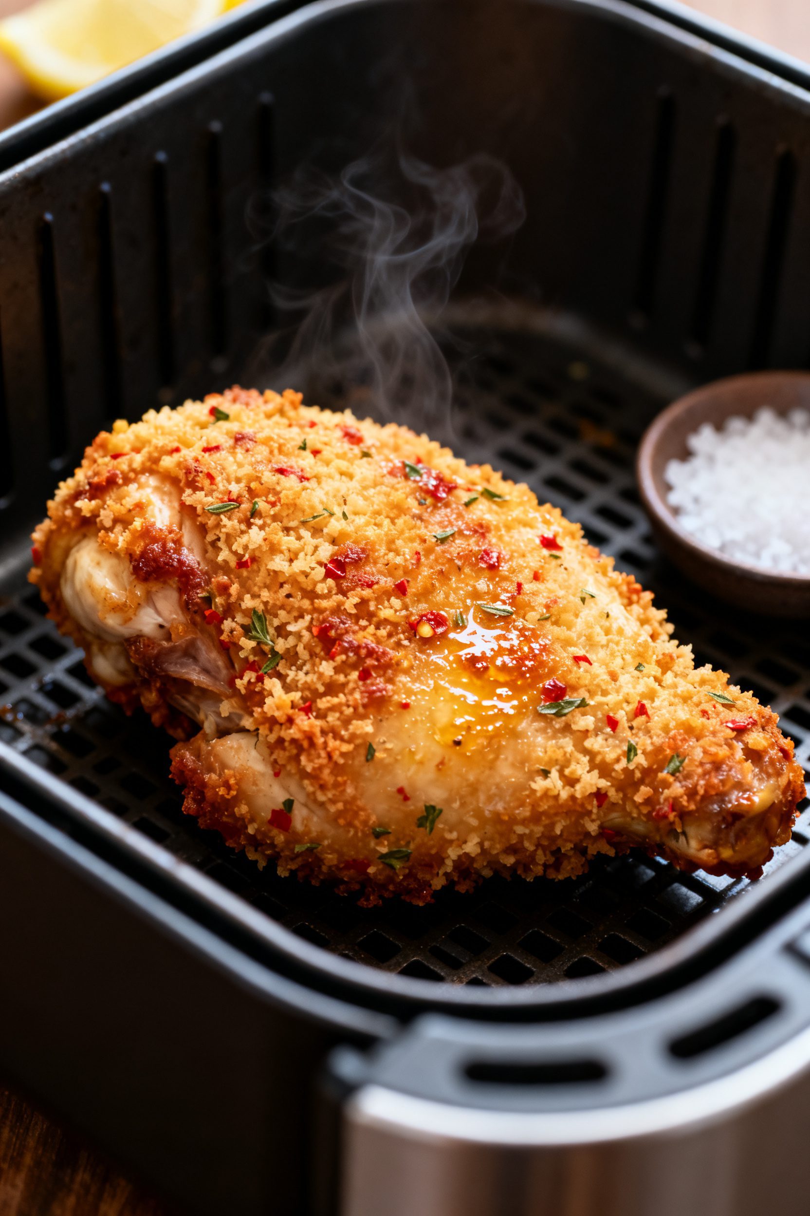 Close-up detail: Golden, air-fried gluten free chicken thigh just out of the basket, ultra-crispy pa