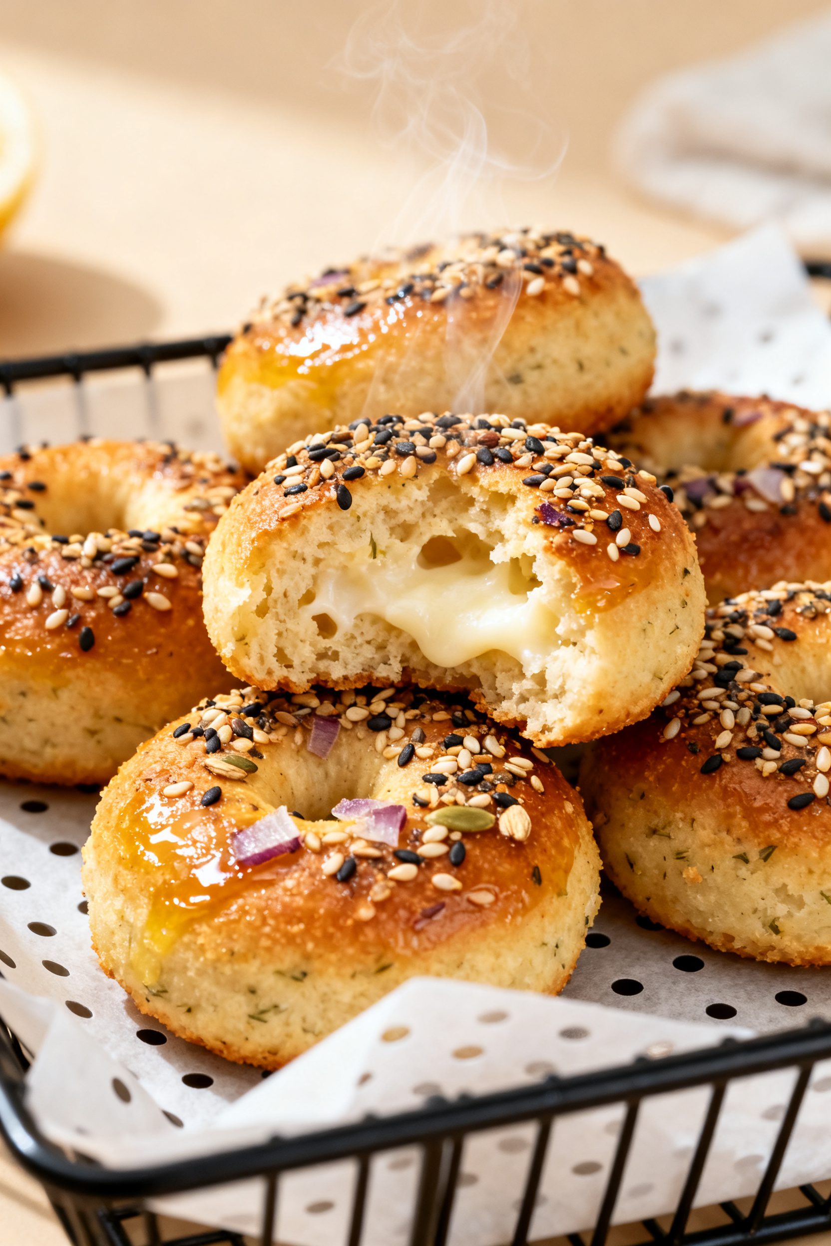 Close-up detail: Golden air-fried keto bagel bites just out of the basket, crisp tops heavily speckl
