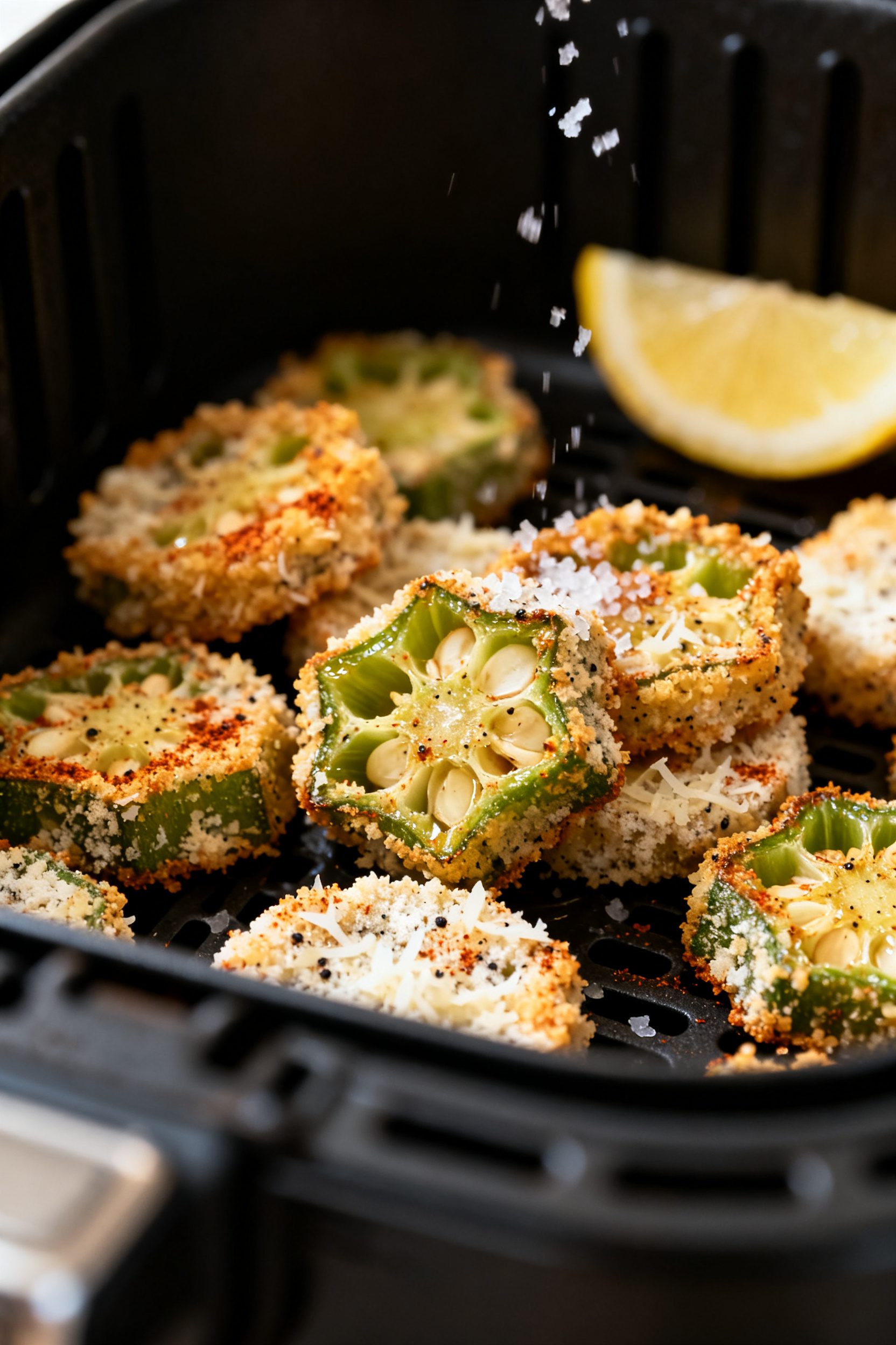 Close-up detail: Golden, air-fried keto okra rounds just out of the basket, crusted with almond flou