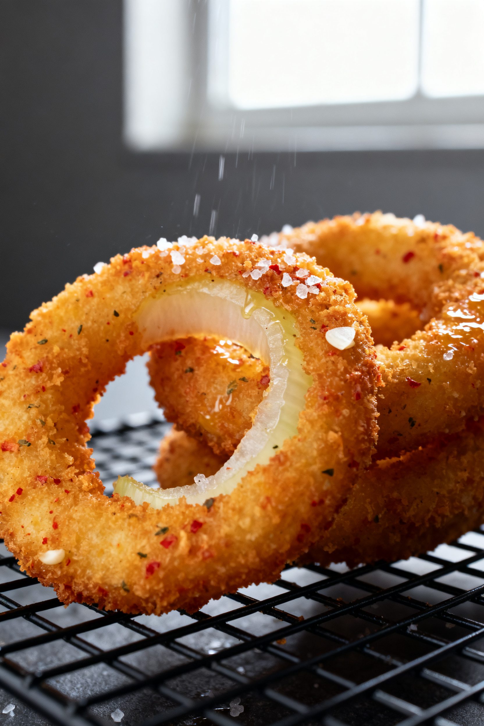 Close-up detail: Golden air-fried onion rings just out of the basket, ultra-crisp panko-crumb textur