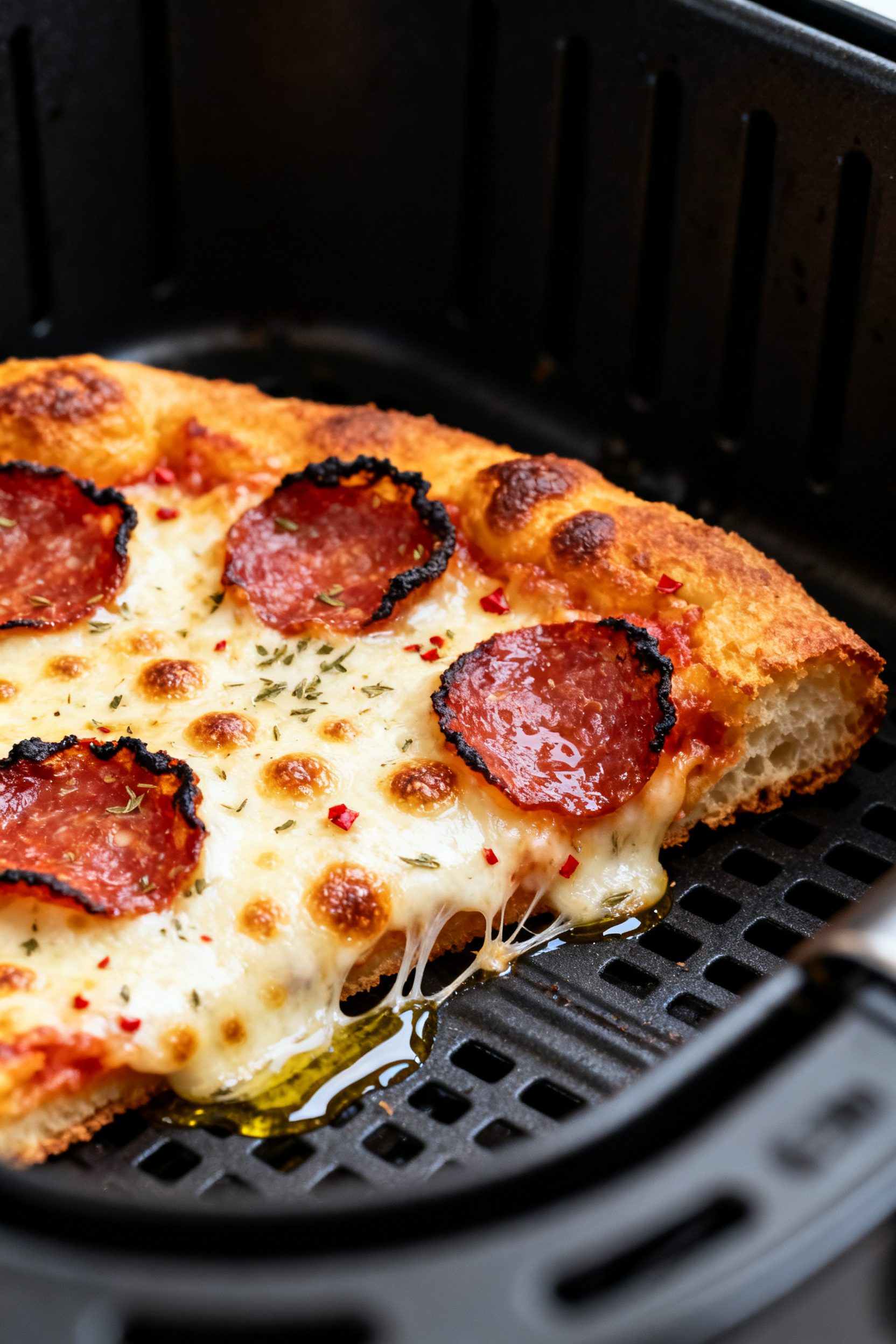 Close-up detail: Golden, air-fried pizza toast slice just out of the basket at 380°F, edges deeply 