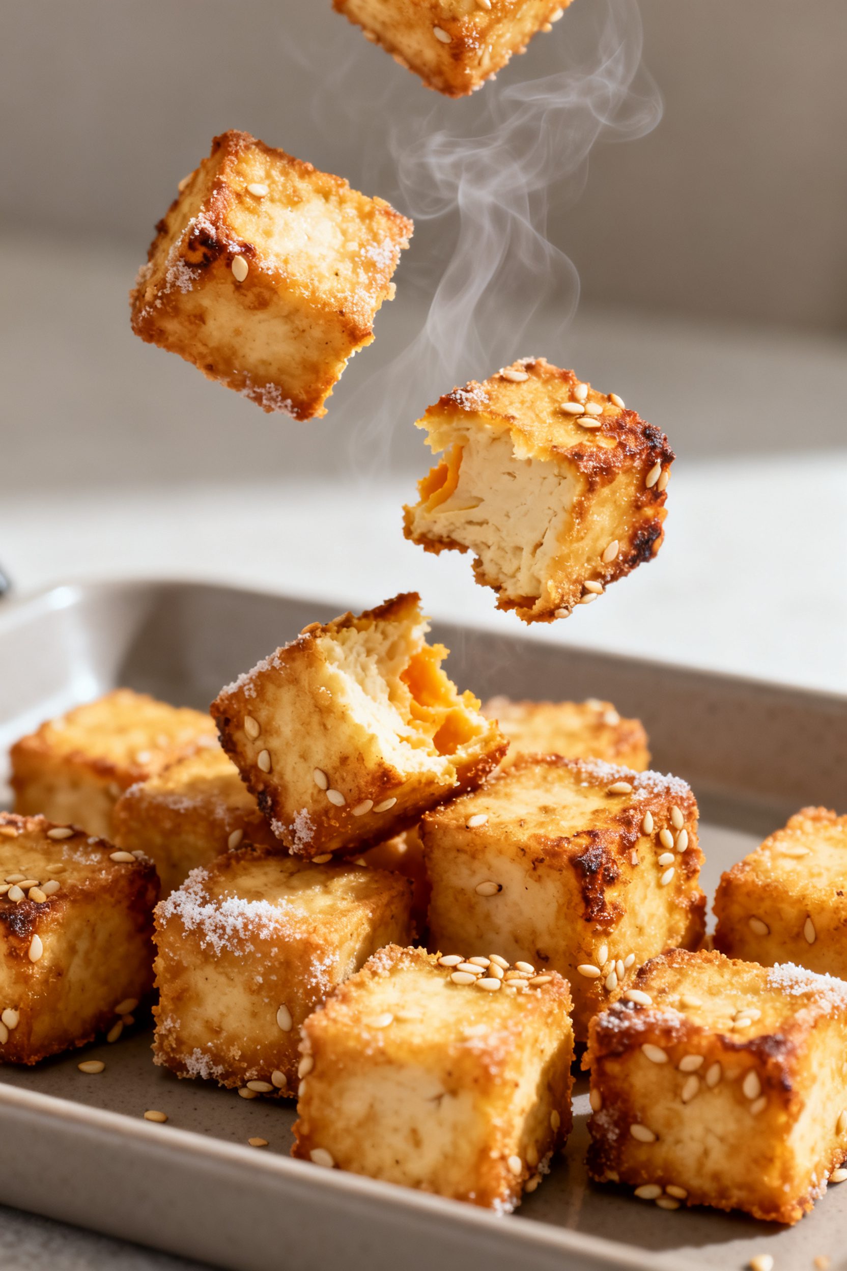 Close-up detail: Golden, air-fried sesame tofu cubes just out of the basket at 400°F, edges visibly