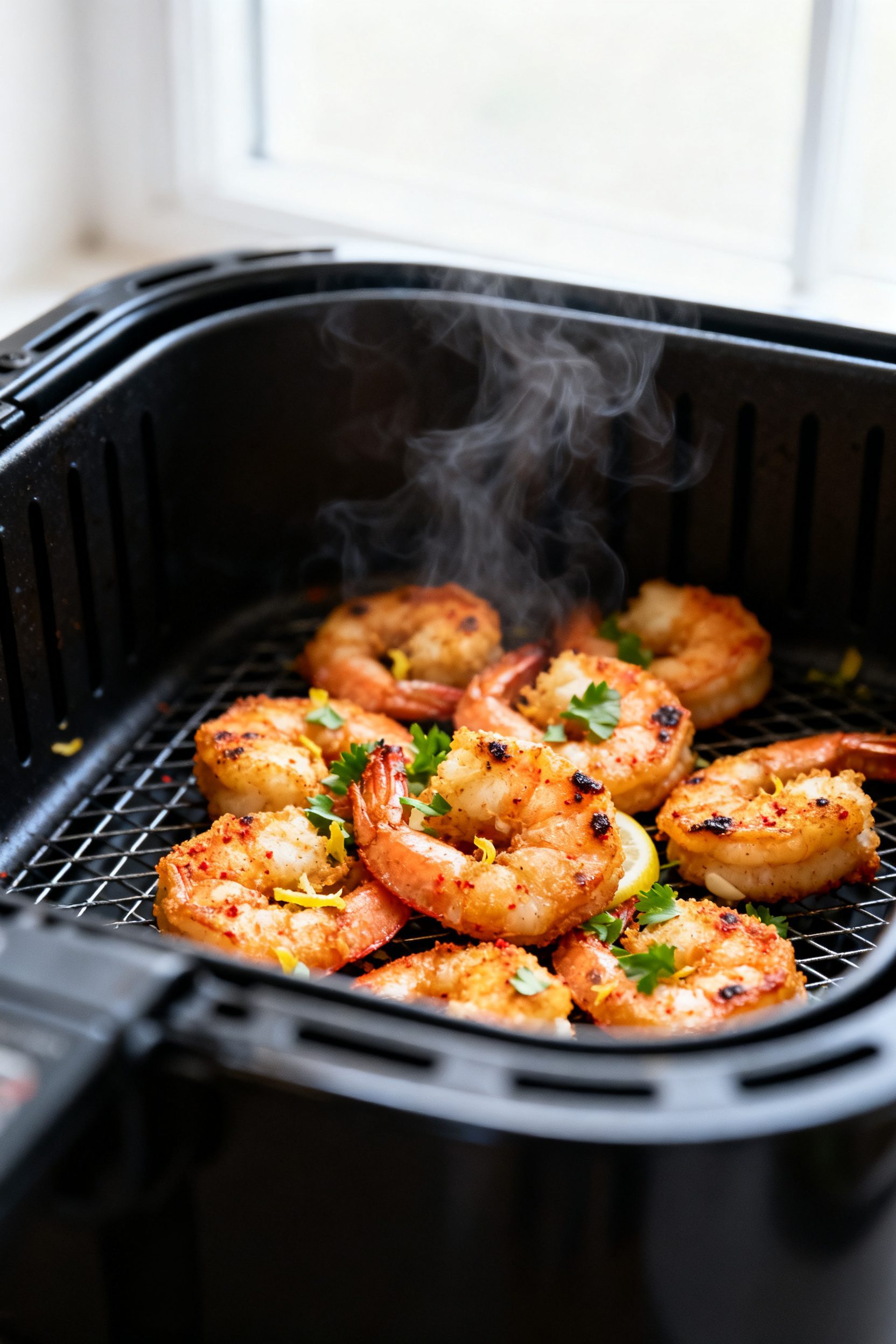 Close-up detail: Golden air-fried shrimp just out of the basket, lightly crisp edges with visible pa