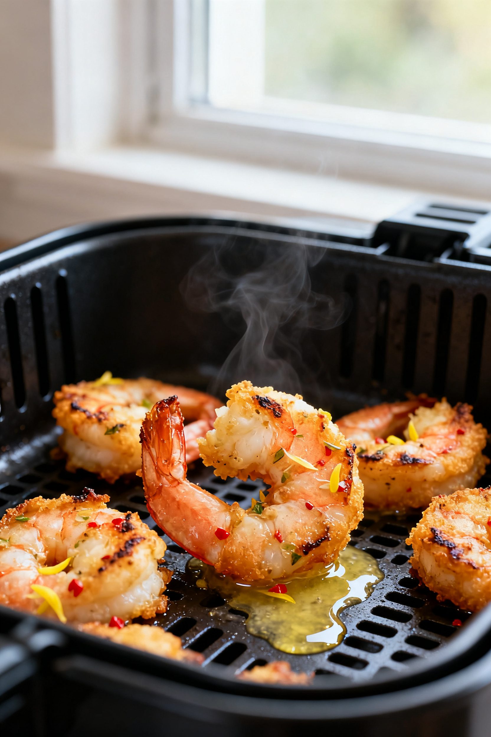 Close-up detail: Golden, air-fried shrimp scampi just out of the basket, lightly charred edges with 