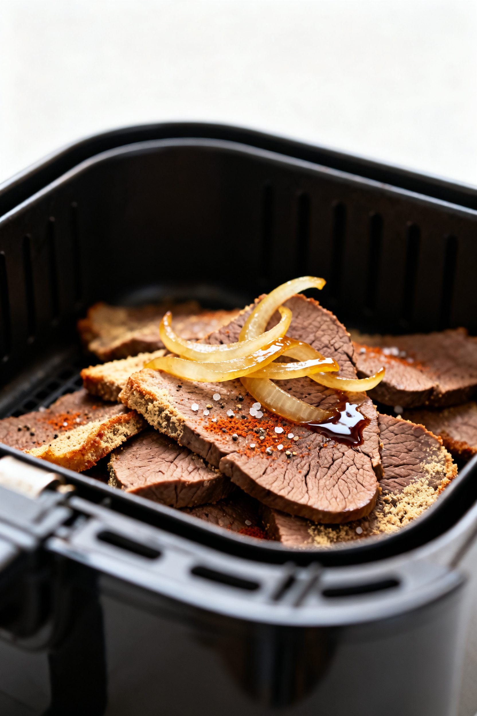 Close-up detail: Golden, air-fried slices of beef liver just out of the basket, edges lightly crisp 