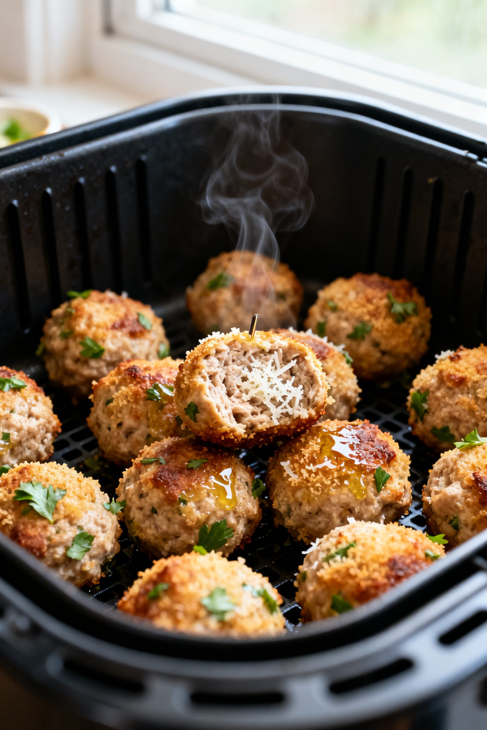 Close-up detail: Golden air-fried turkey meatballs just out of the basket at 380°F, lightly crisped