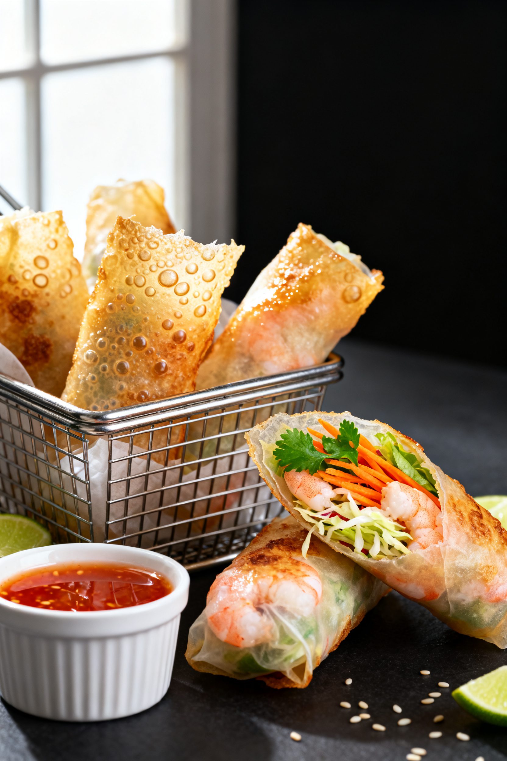 Close-up detail: Golden, blistered air-fried rice paper rolls just out of the basket, showing ultra-