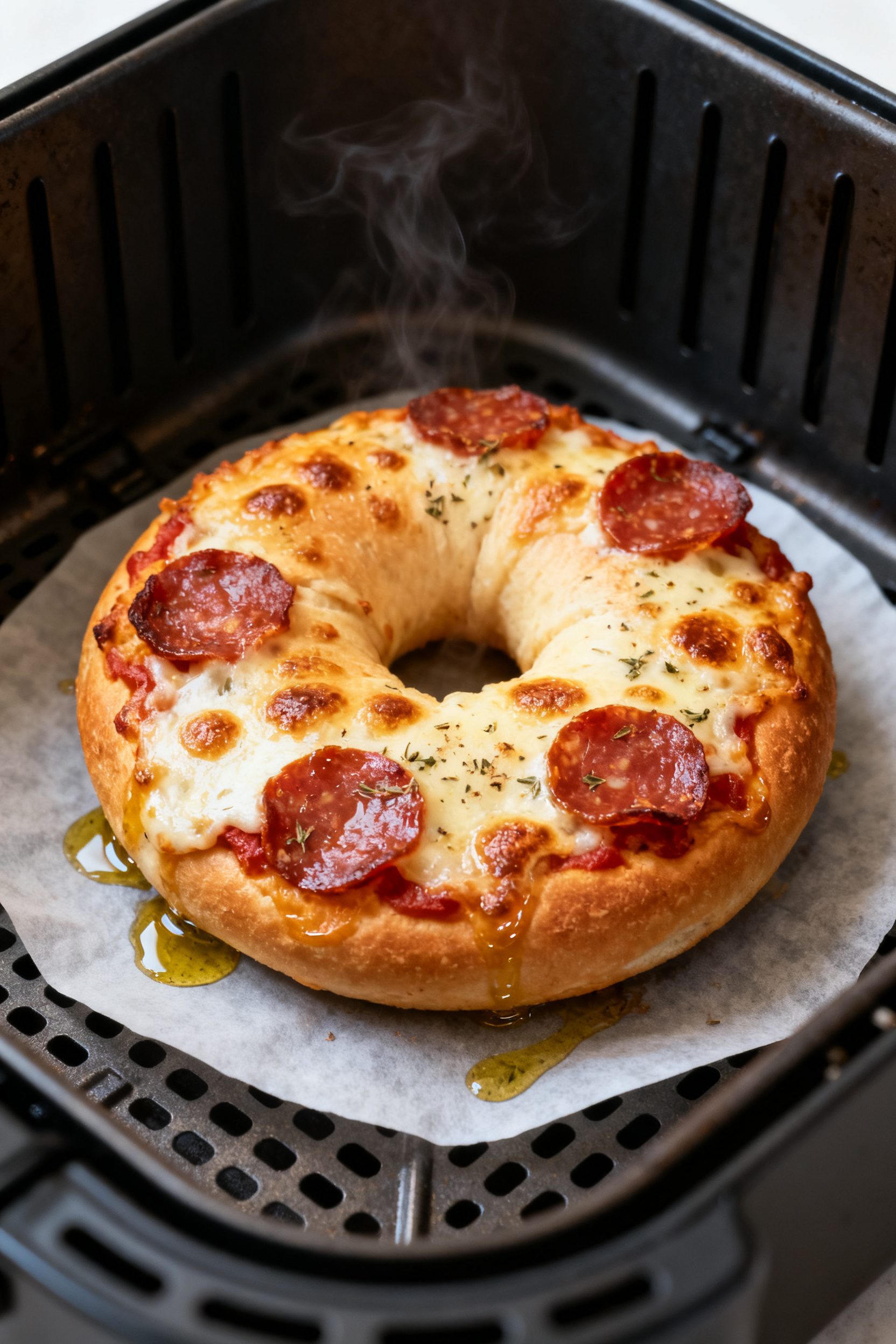Close-up detail: Golden-brown air-fried bagel pizza just out of the basket, cheese melted and lightl