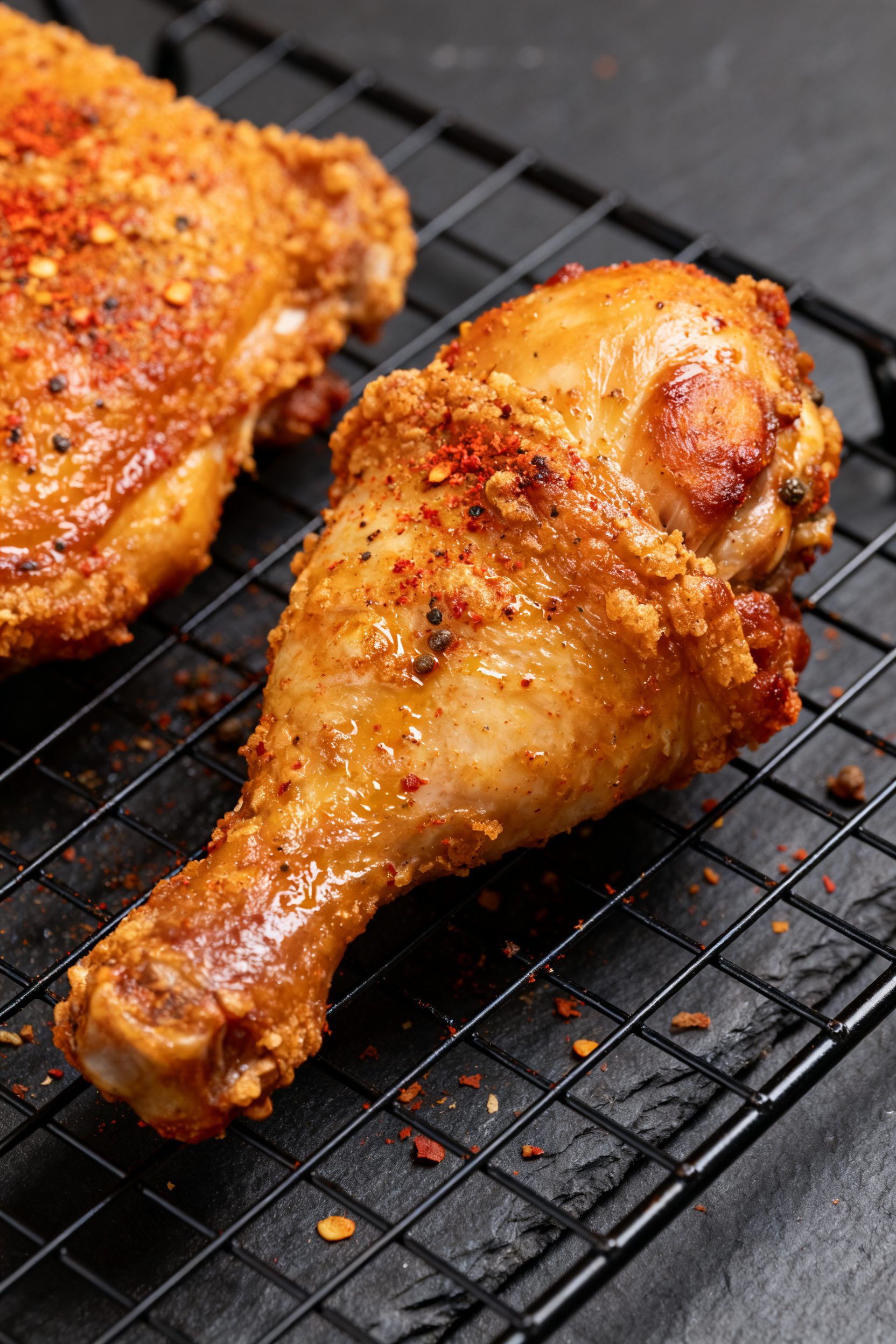 Close-up detail: Golden-brown air-fried chicken drumstick and thigh fresh from the basket, ultra-cra