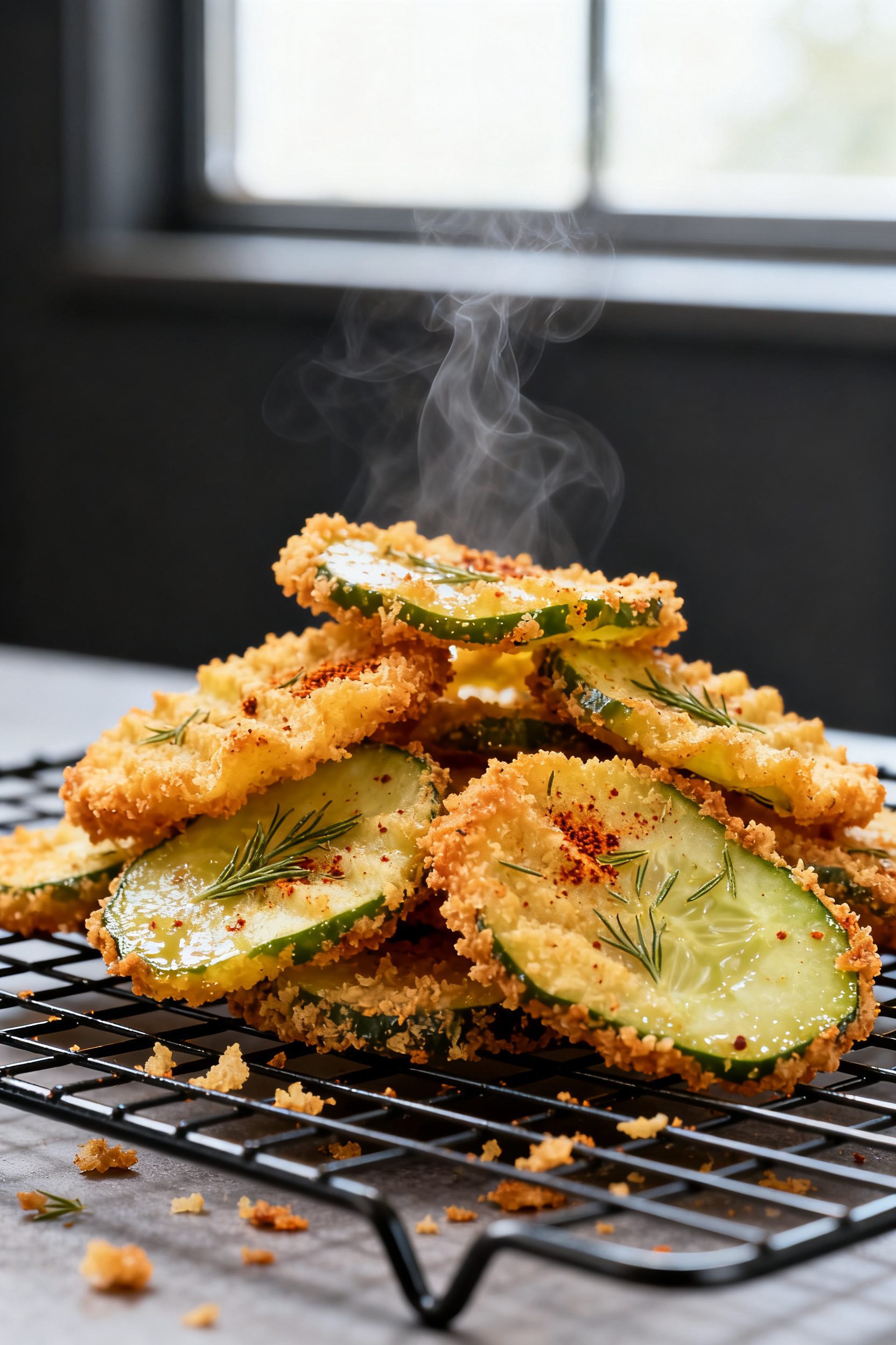 Close-up detail: Golden-brown air-fried dill pickle chips just out of the basket, ultra-crispy glute
