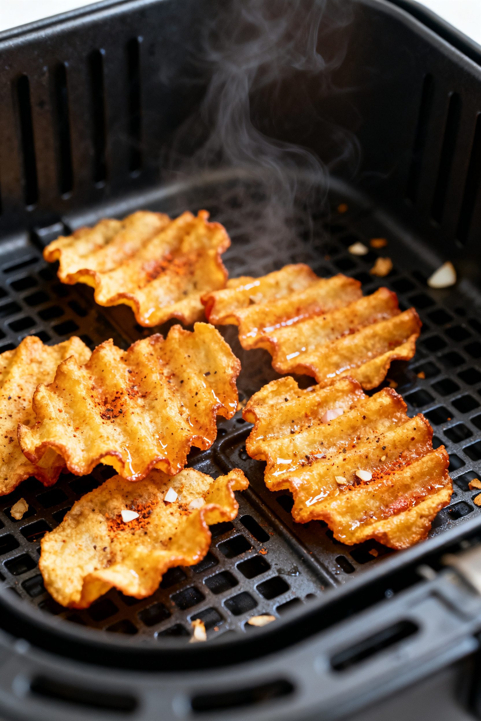 Close-up detail: Golden-brown air-fried hot dog chips resting in the open air fryer basket, edges de