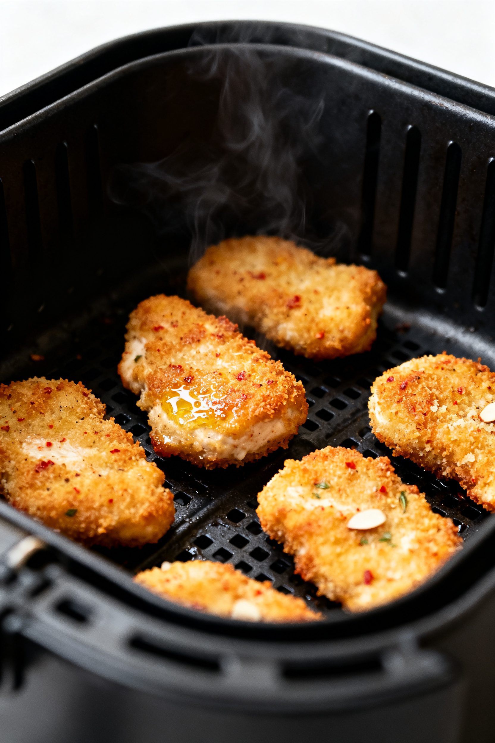 Close-up detail: Golden-brown air-fried low carb chicken nuggets resting in the hot air fryer basket